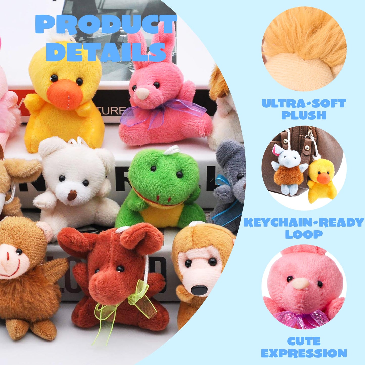 JOYIN 24 Pack Mini Animal Plush Toy Assortment (24 Units 3" Each), Animals Keychain Decoration for Kids, Small Stuffed Animal Bulk for Kids, Carnival