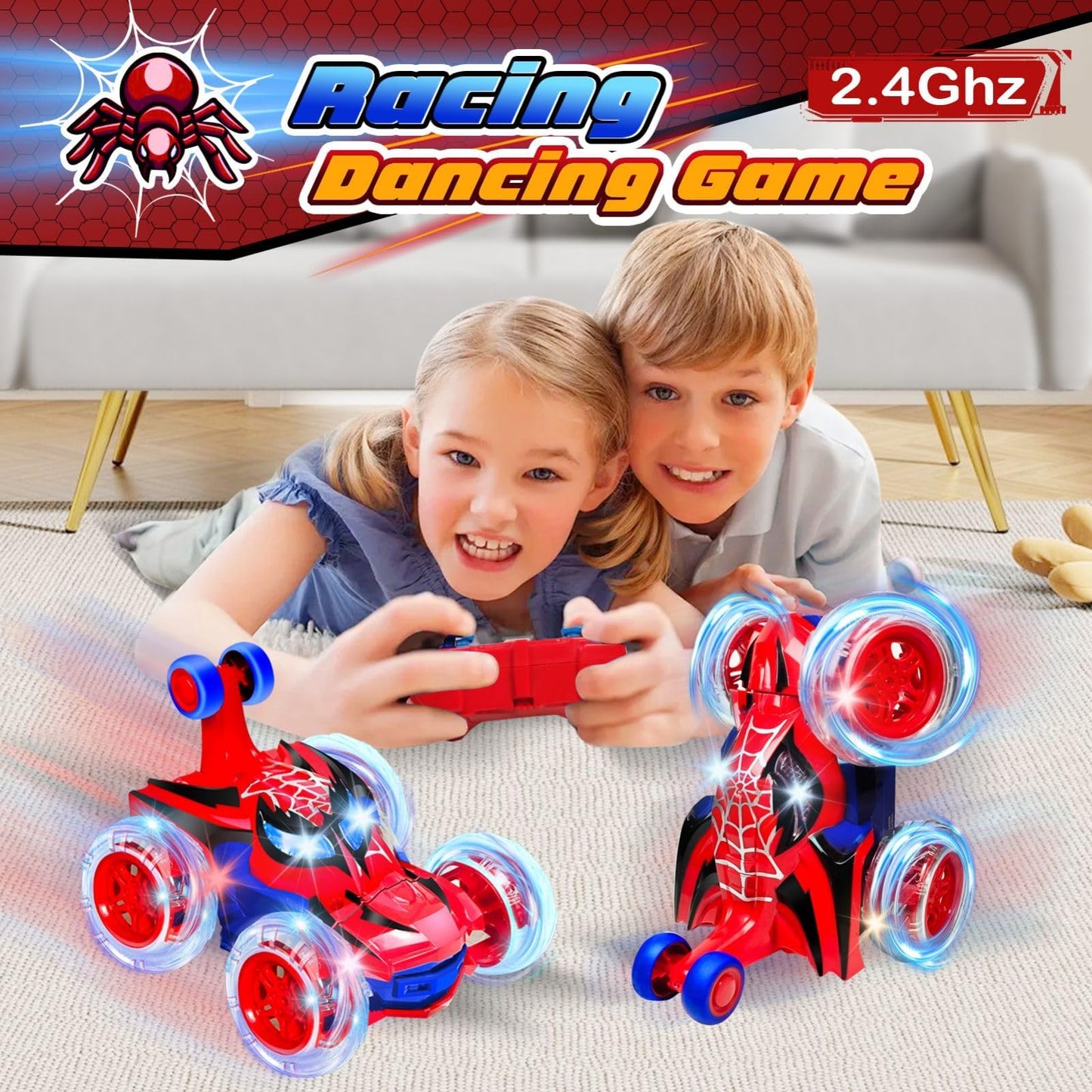 Kids Toys Spider RC Car for Boys 4-7 - Cool Spider Monster Remote Control Crawler Toy 360° Flip Fast Stunt & 4WD Light Up Wheel - Fun Boy Gift Idea