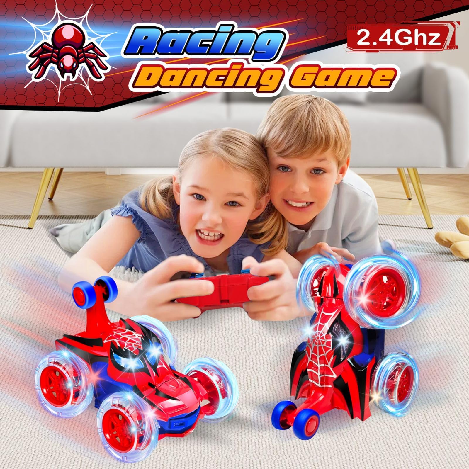 Kids Toys Spider RC Car for Boys 4-7 - Cool Spider Monster Remote Control Crawler Toy 360° Flip Fast Stunt & 4WD Light Up Wheel - Fun Boy Gift Idea