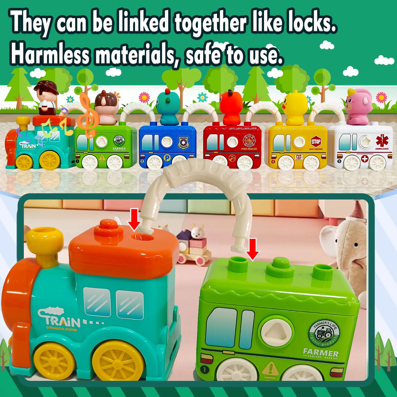 TAICORE Toddler Toy Strain Set, Learning Counting Matching Lock and Key Kids Toys, Includes 6 Themed Cars and Finger Animal, for 2-5 Year Old Boy Girl