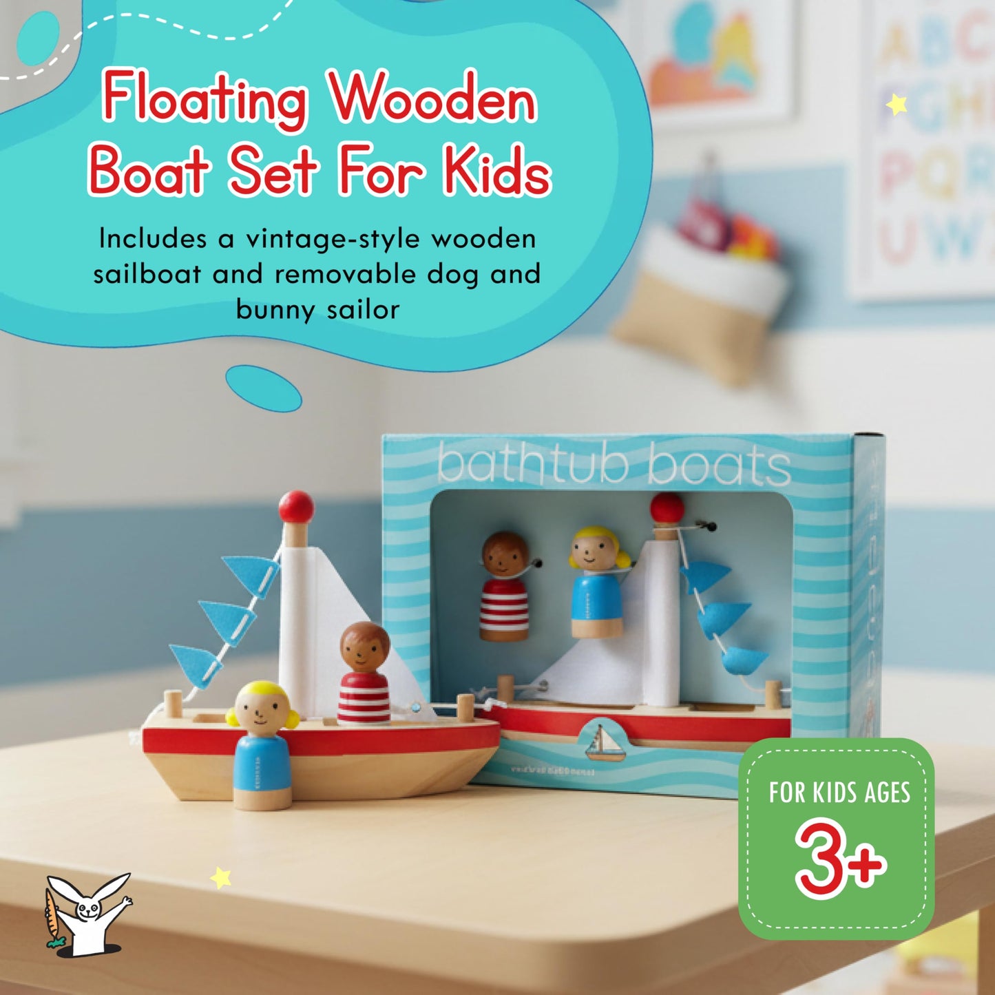 Wooden Toy Boat with Sailor Buddies- Jack Rabbit Creations- Floating Bath Toys for Kids- Boy & Girl Set- Vintage Inspired Eco-Friendly Water Play