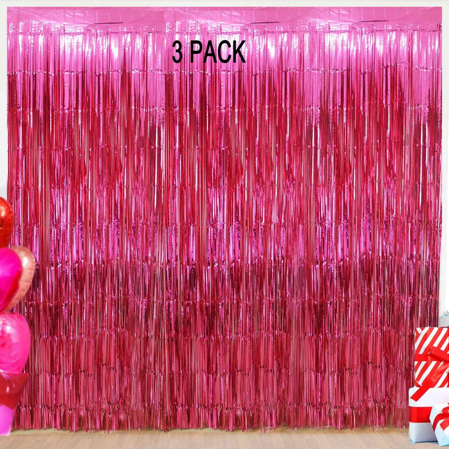 EUFARS Valentine's Day Party Decorations, 3 Pack 3.2x8.2ft Hot Pink Metallic Foil Fringe Curtain Streamer Backdrop for Bachelorette Birthday Party