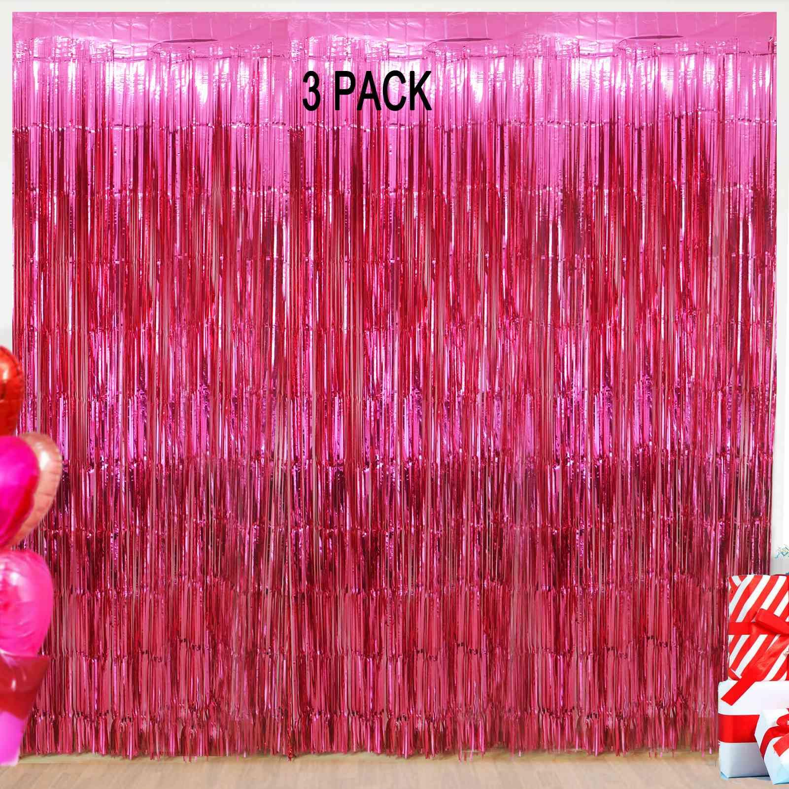 EUFARS Valentine's Day Party Decorations, 3 Pack 3.2x8.2ft Hot Pink Metallic Foil Fringe Curtain Streamer Backdrop for Bachelorette Birthday Party