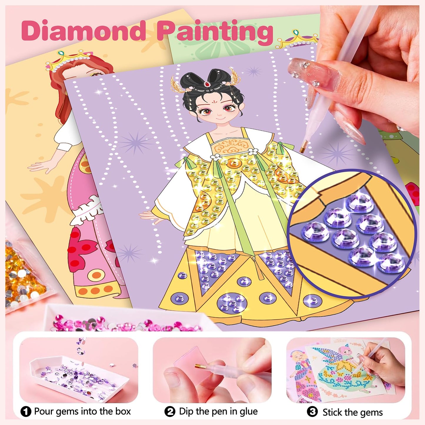 ZHOC Art Craft Activity for Kids, Paper Craft Kits - Paper Makeup DIY Girls Toy Kit with Diamond Painting & Princess Dress Up Set, Travel Toys Ideal