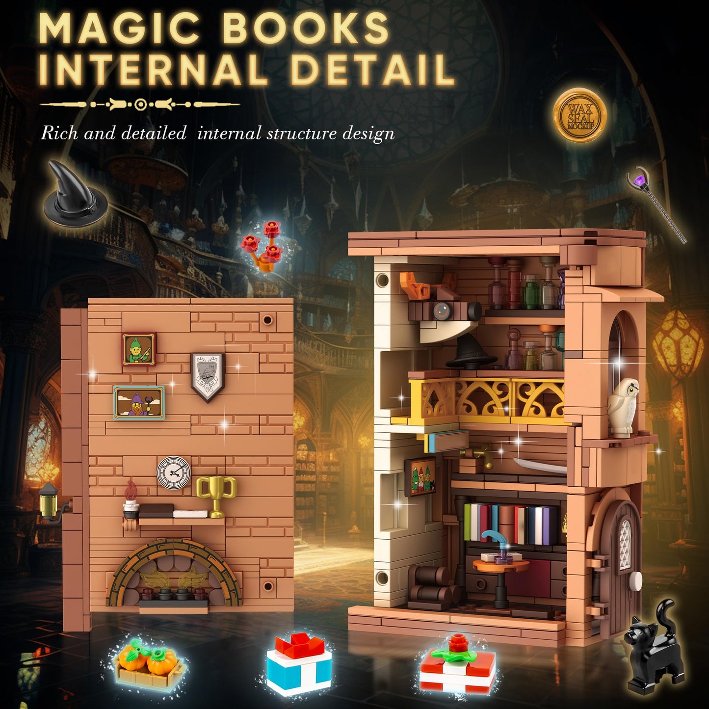 Zylvoxia Bookend Magic House Building kit, Home Decorative for Building Block Toy, Bookcase Miniature House Model Building, Cool Bookshelf Organizer
