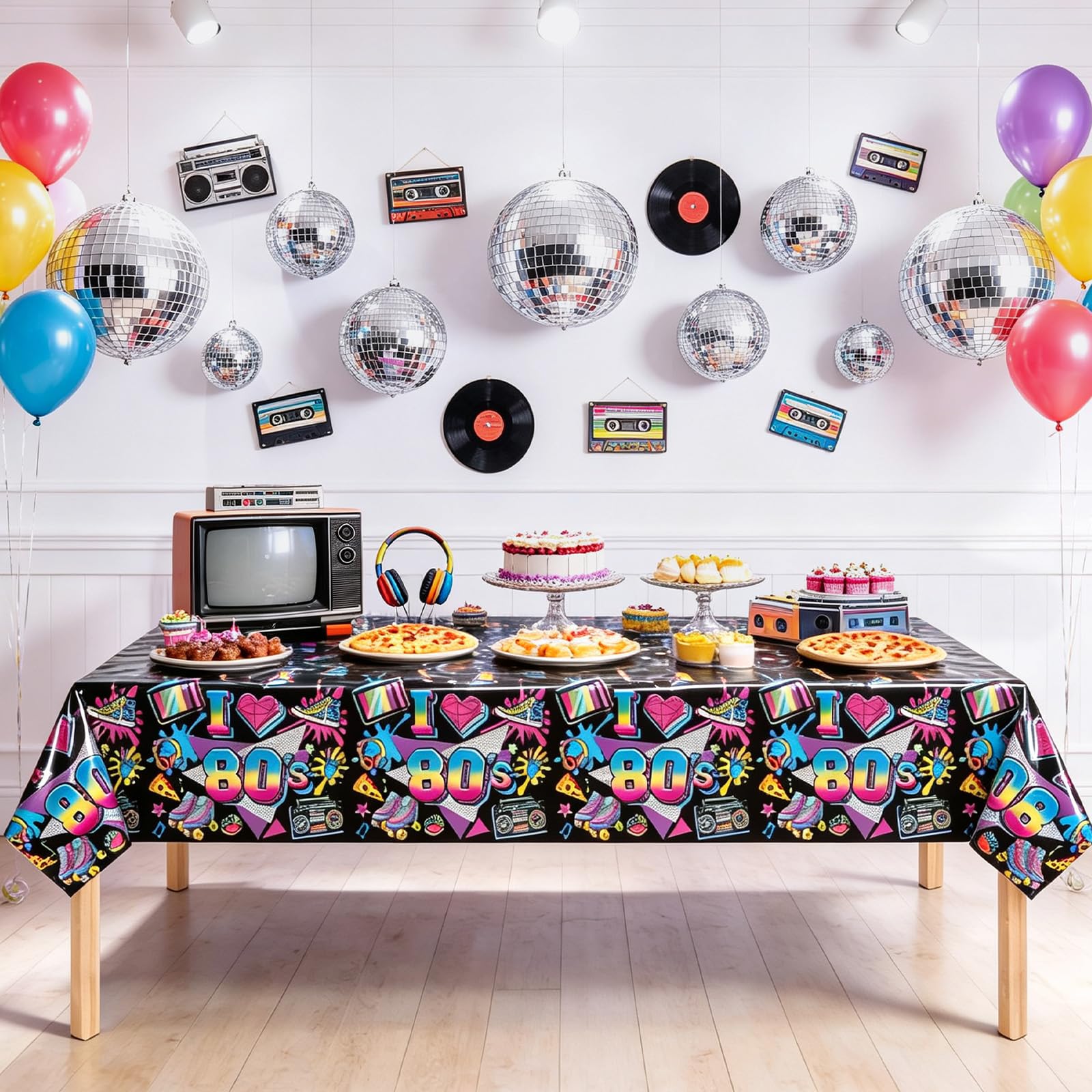 Jremreo 3 Pieces 54 x 108 Inches 80s Plastic Tablecloth, Disposable Rectangle Retro Party Table Covers, Neon Decorations for Birthday, Hip Hop