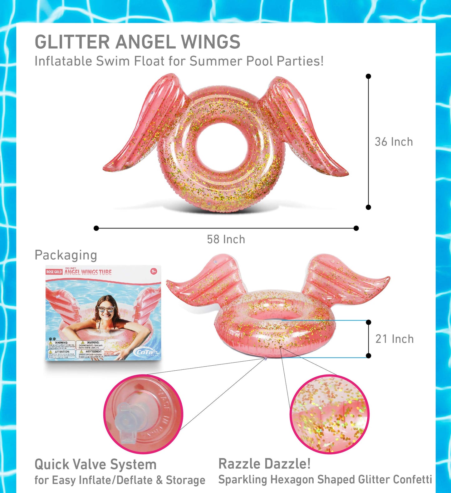 CoTa Global Rose Gold Inflatable Angel Wings Pool Float Tube - Luxurious Inflatable Float Rings for Adults, Perfect Beach Float Tube with Sparkly