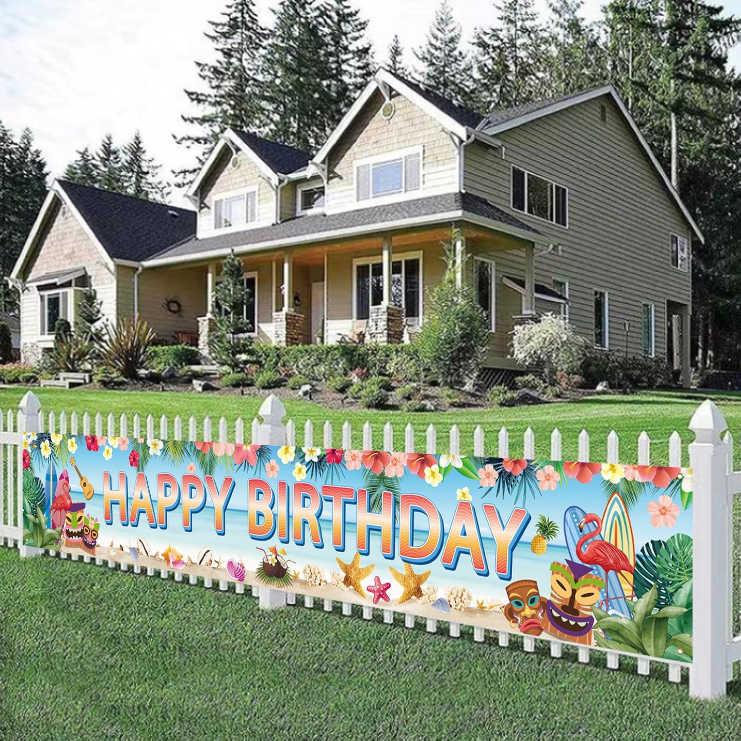 Hawaiian Birthday Banner, 118 x 20 Inch Aloha Luau Hawaiian Party Decorations for Outdoor Porch Fence Patio
