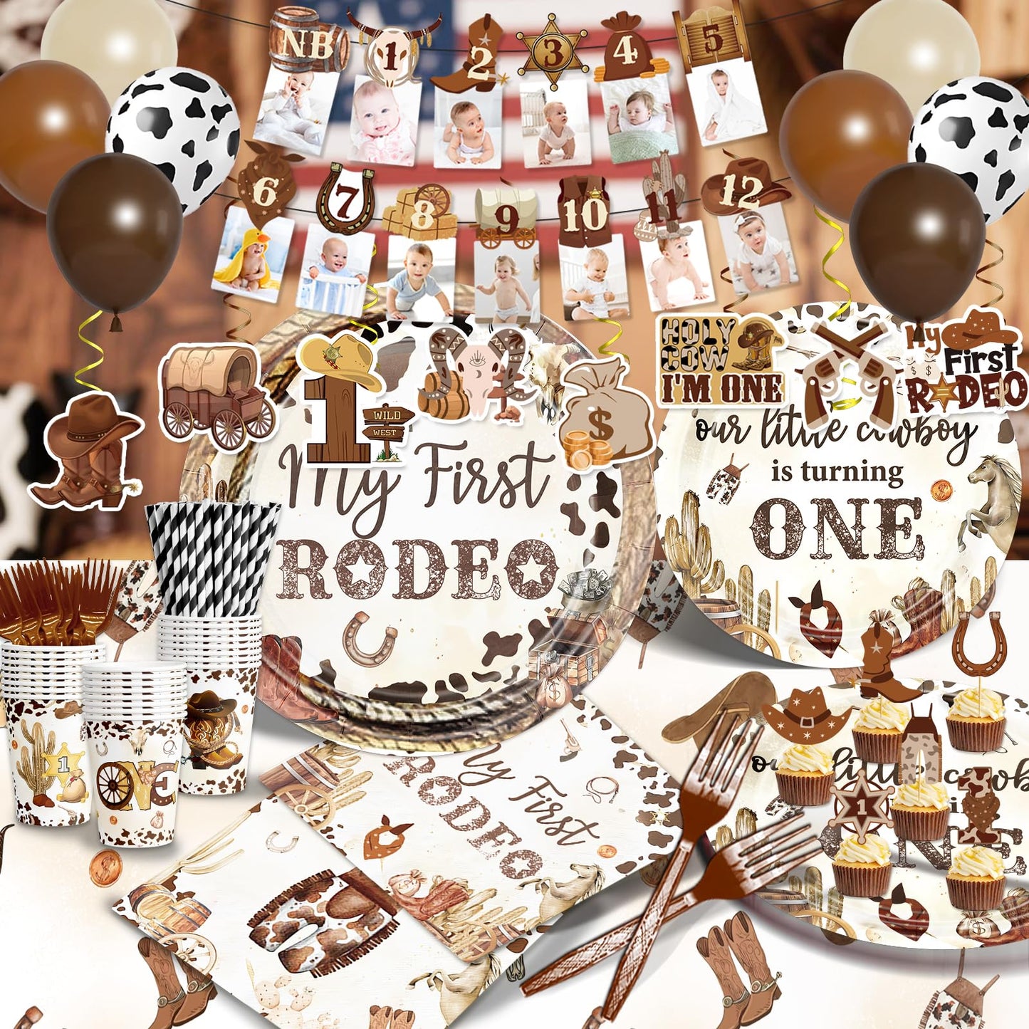 180 PCS My First Rodeo Decorations Boy, First Rodeo Birthday Decorations Tableware Set with Banner Cake Topper Cupcake Toppers Tablecloths Plates