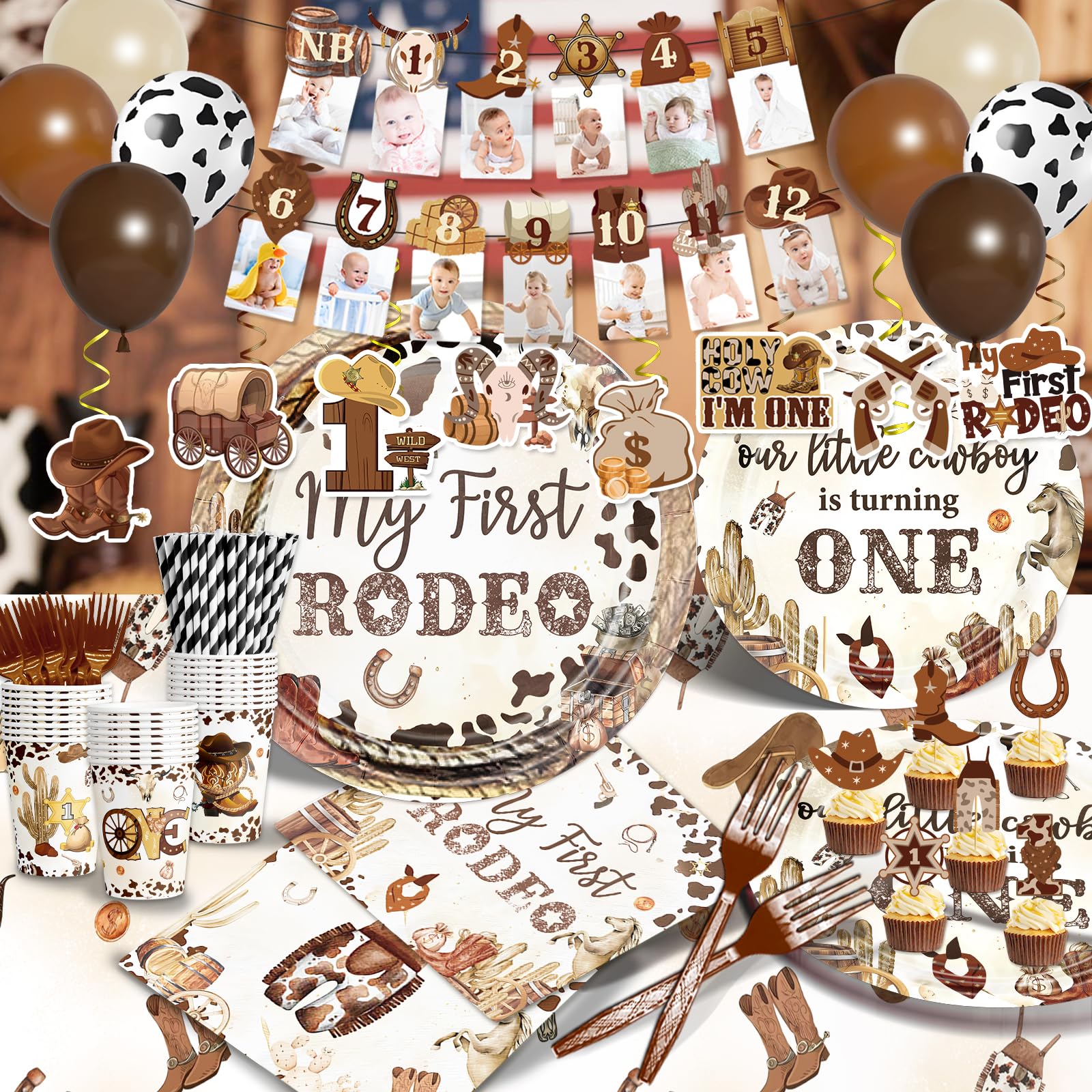 180 PCS My First Rodeo Decorations Boy, First Rodeo Birthday Decorations Tableware Set with Banner Cake Topper Cupcake Toppers Tablecloths Plates