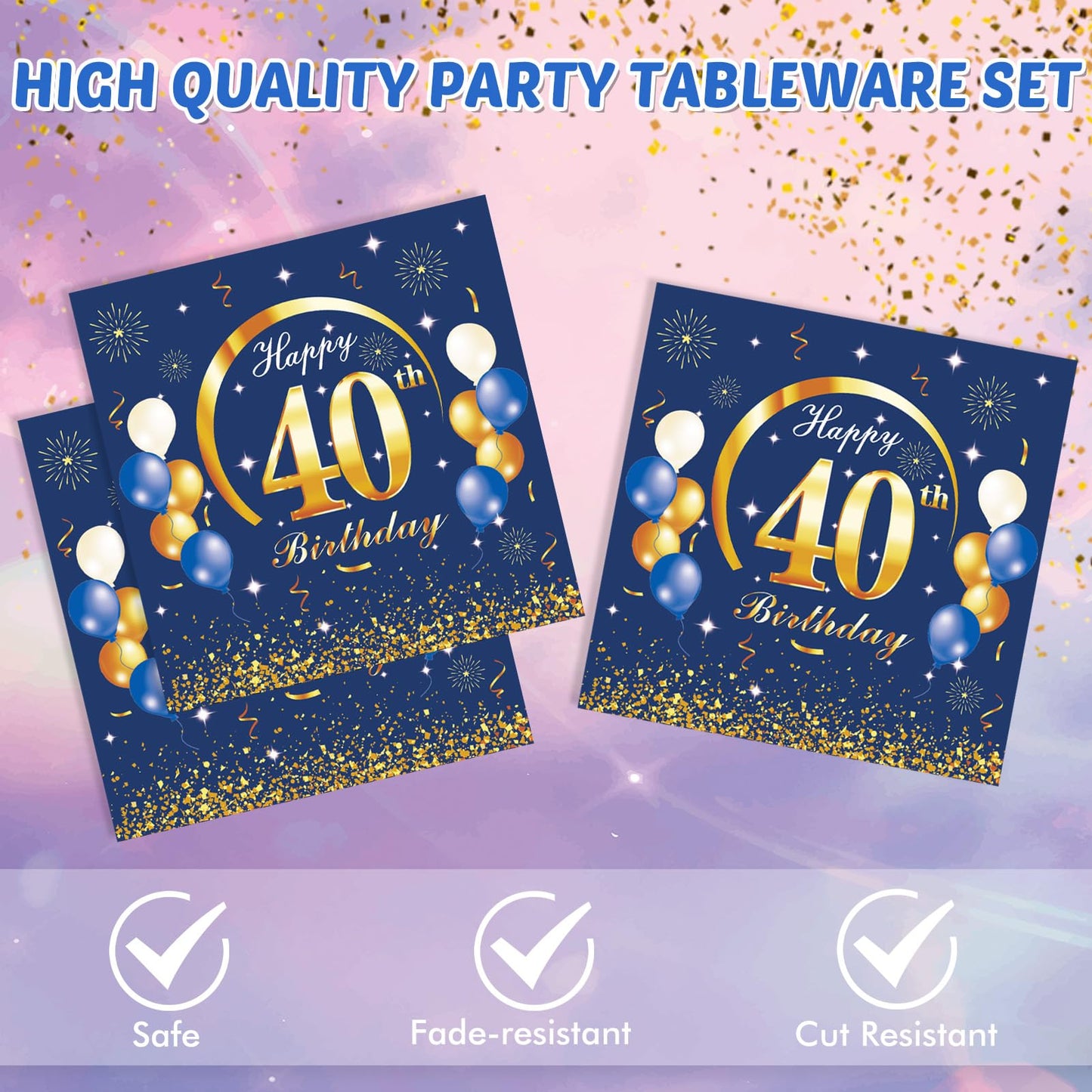 40PCS Happy 40th Birthday Decorations Navy Blue and Gold Theme Party for 40 Years Old Party Decorations Include Plates Napkins For Men Boys Girls