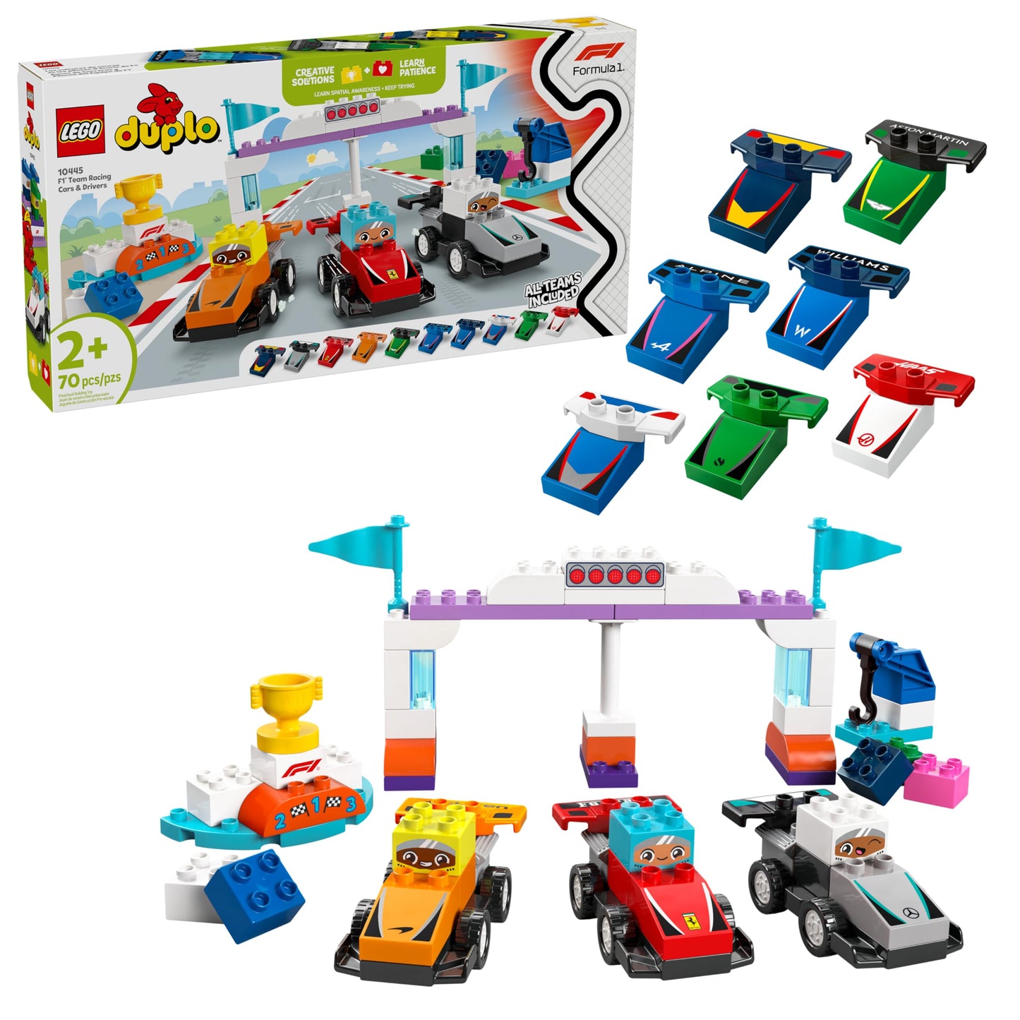 LEGO DUPLO Town F1 Team Race Cars & Drivers Building Toy Playset - Toddler Toy Cars for Pretend Play, Boys and Girls, Ages 2+ - Learning