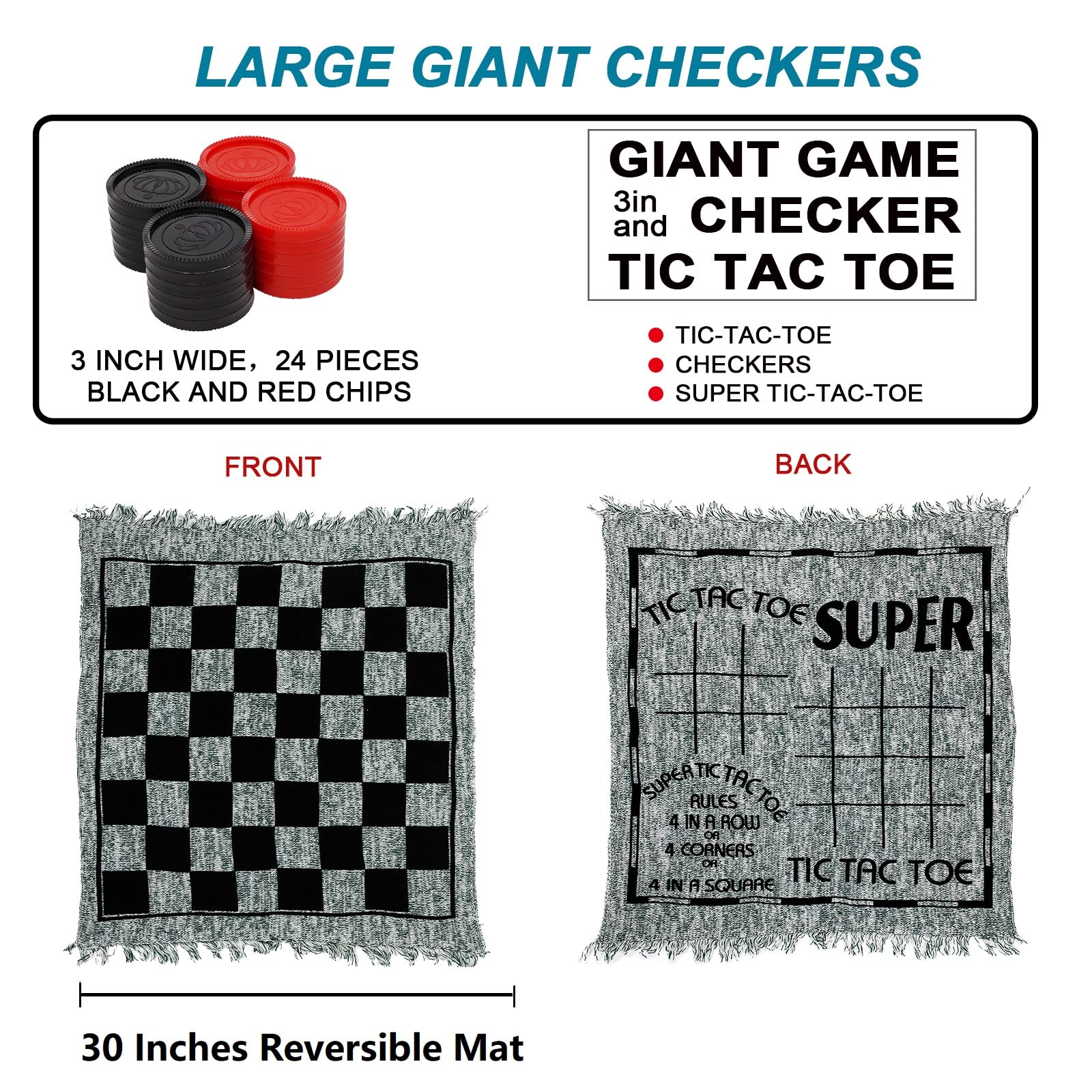 Win SPORTS 3 in 1 Giant Checkers,Mega Tic Tac Toe,Indoor Outdoor Jumbo Classic Board Games,30”Reversible Rug with 24 Checkers Pieces,Checkers Cloth