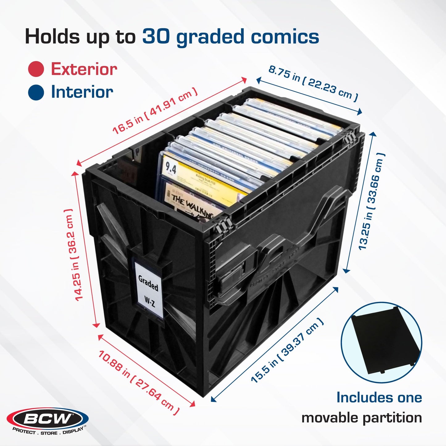 BCW Graded Comic Book Bin with Partition - Black (1 Pack) | Holds Up To 30 Graded Comics | Stackable Comic Book Box Storage for CGC, CBCS & Slabs