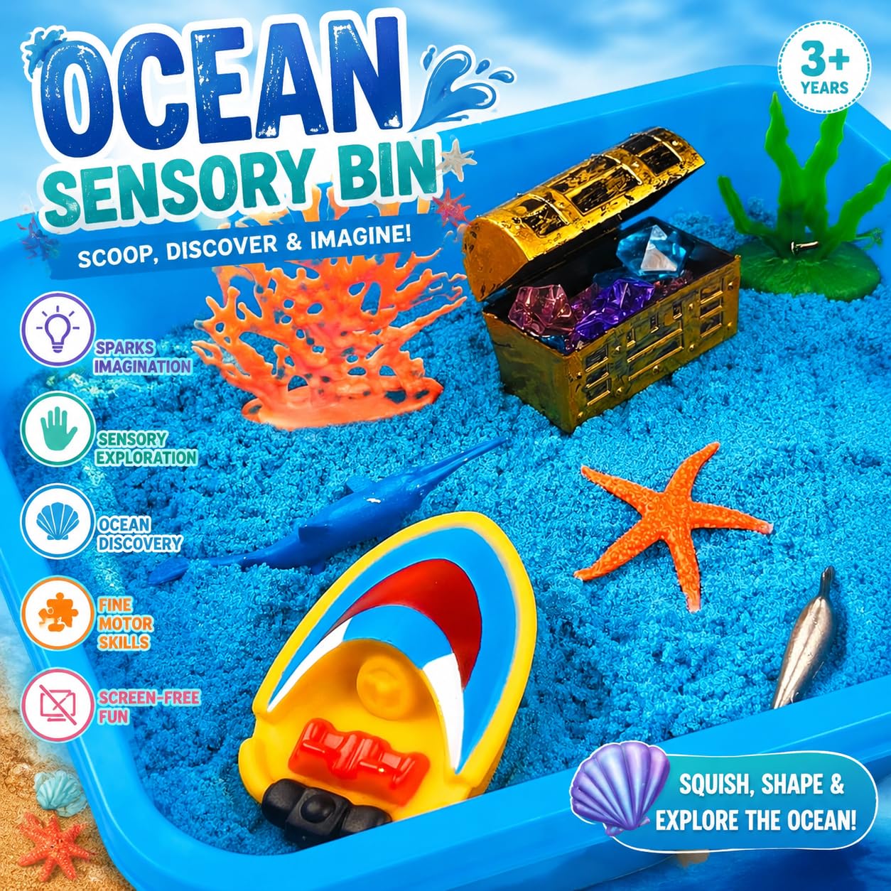 AGENTLAN Ocean Sensory Bin with Sensory Sand, Ocean Toys for Kids