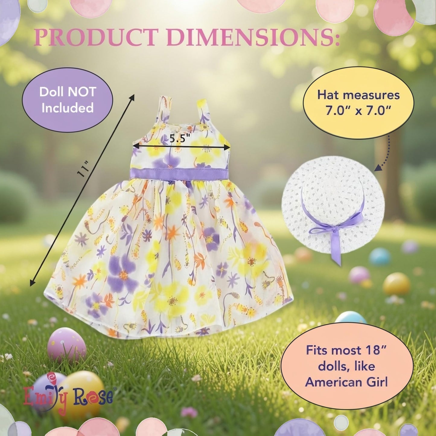 Emily Rose 18 Inch Doll Easter Spring Dress with Hat Chiffon Floral Sundress Outfit - Summer Dress & Matching Hat - Doll NOT Included - Fits American