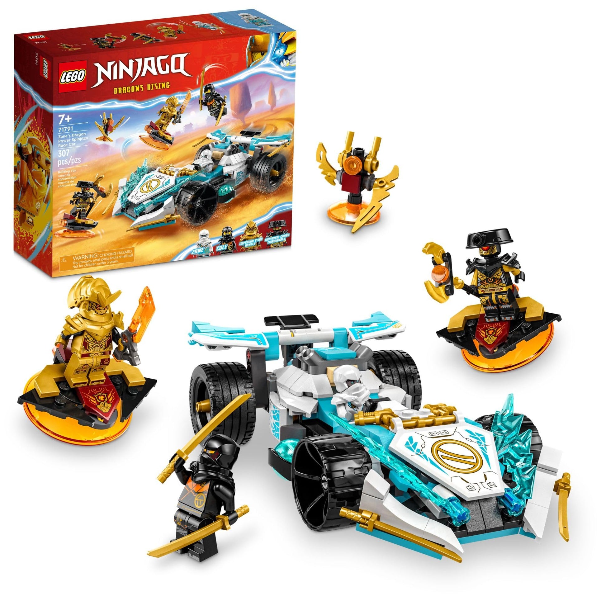 LEGO NINJAGO Zane’s Dragon Power Spinjitzu Race Car 71791 Building Toy Set, Features a Ninja Car, 2 Hover Flyers, Dragon Toy, and 4 Minifigures, Gift