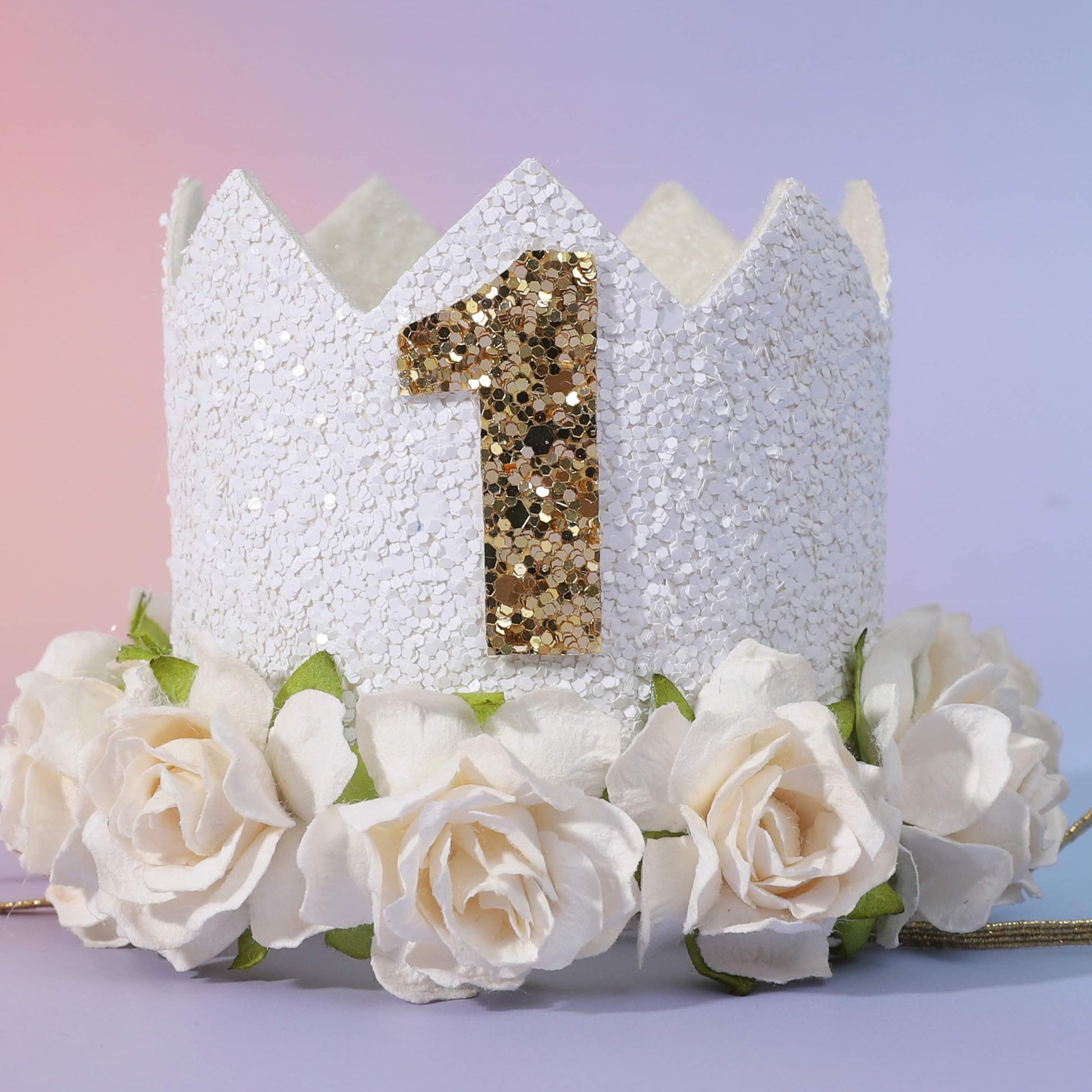 ZZDCMS White Floral 1st Birthday Crown - Baby Girls 1st Year Birthday Party Decorations,White, Glitter,Baby Shower Baptism Party Supply Hat Outfit