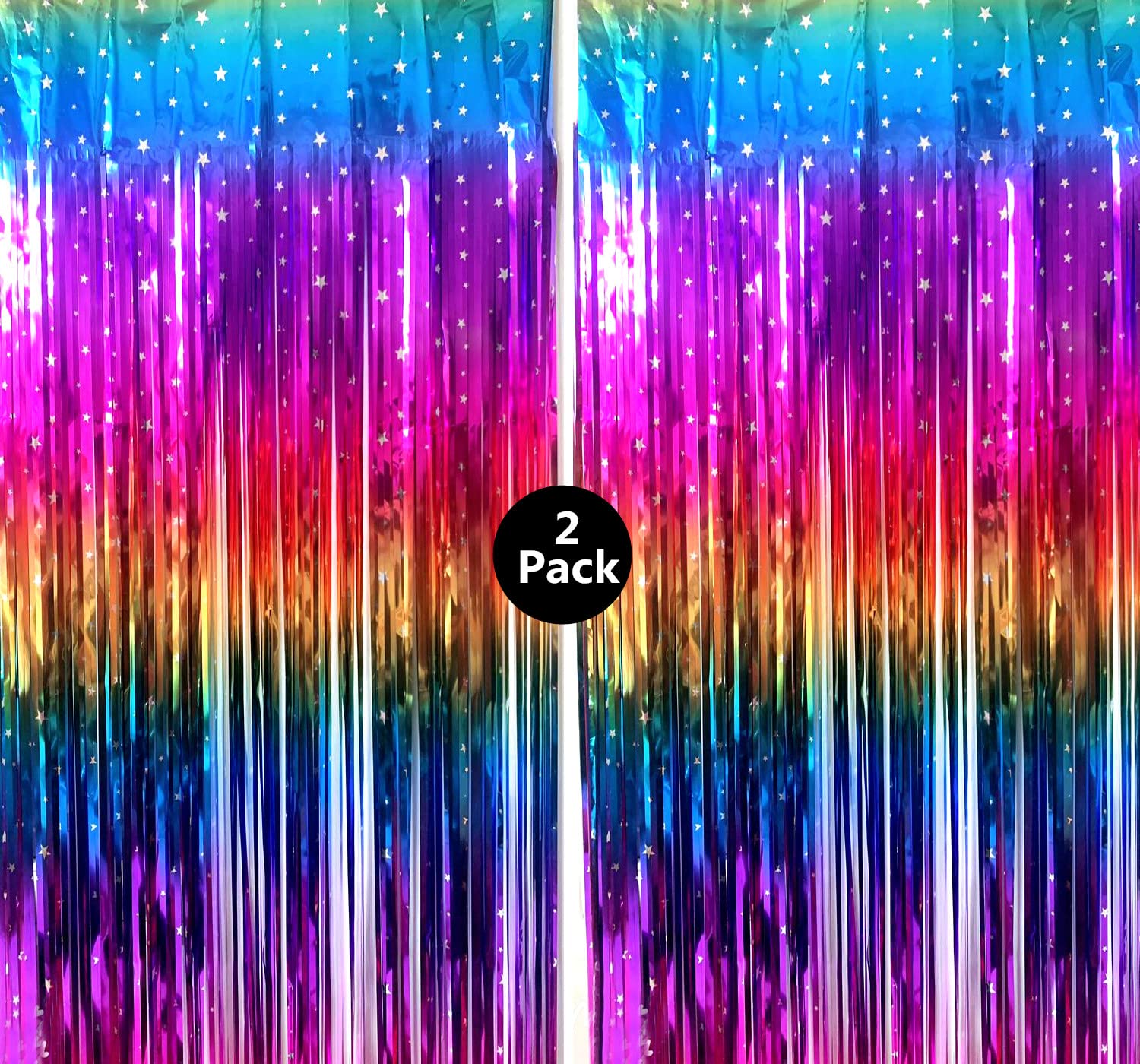 Rainbow Tinsel Foil Fringe Curtains 2 Pack Rainbow Party Decorations 3.3x6.6ft Metallic Streamers for Birthday Wedding Engagement Graduation Baby