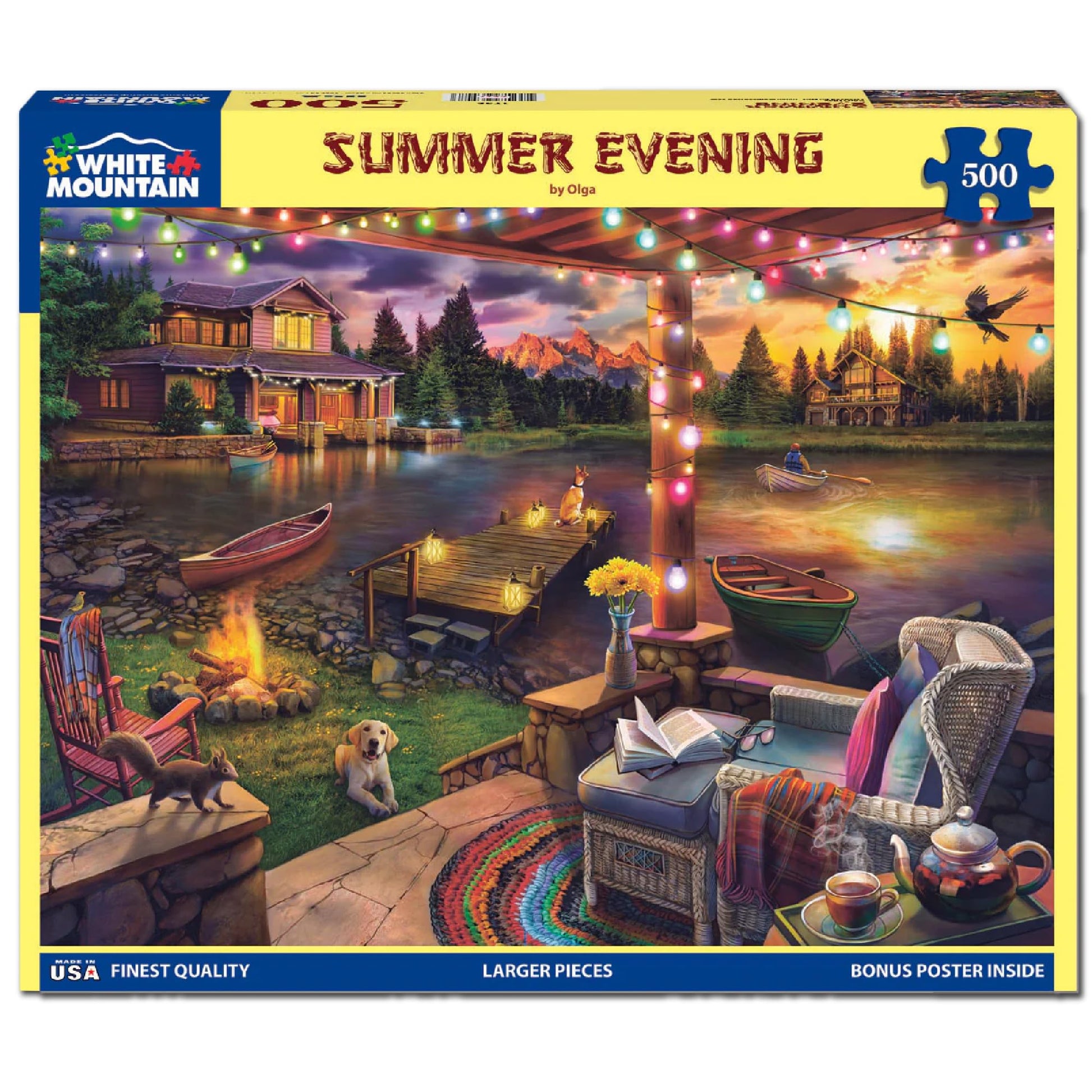 White Mountain 500 Piece Jigsaw Puzzle Lake Cabin Scenic, Summer Evening