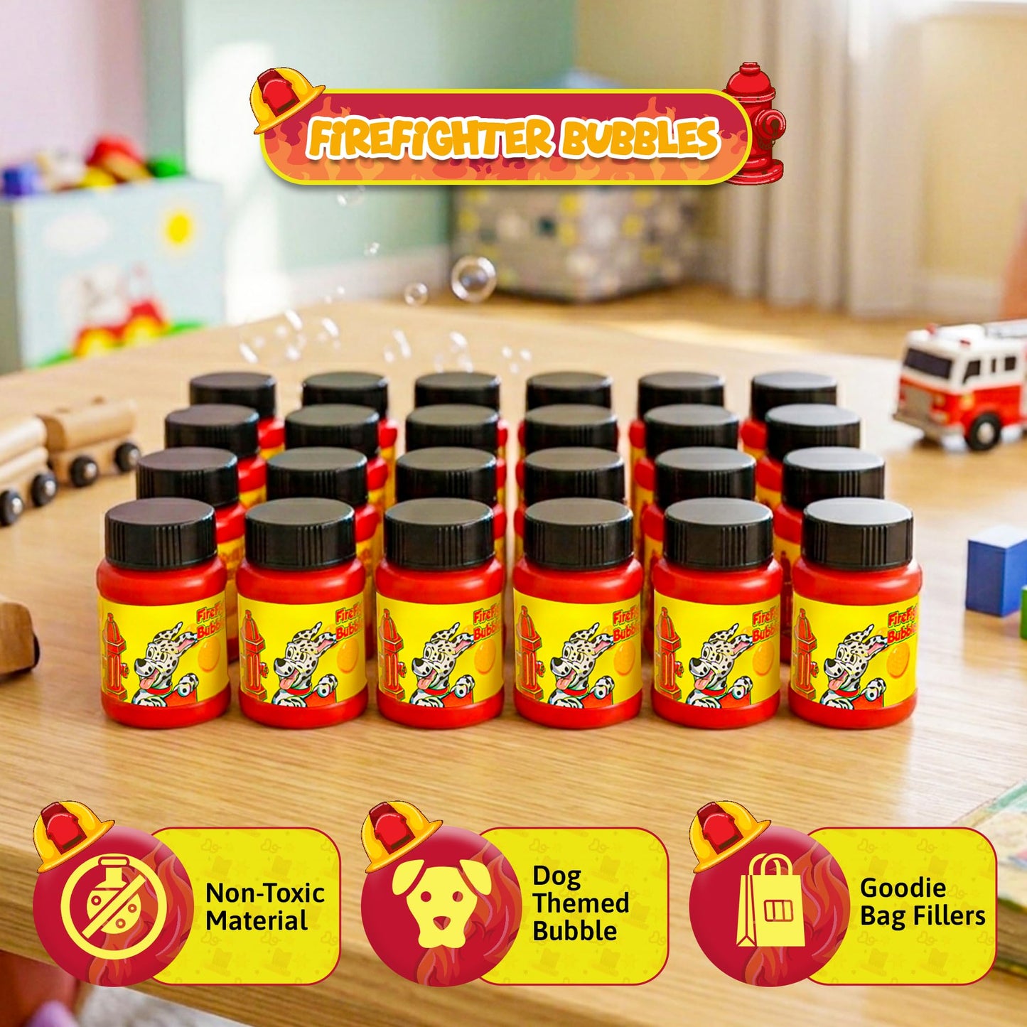 4E’s Novelty 24 Mini Bubbles Bulk - Bubbles for Kids, Firefighter Party Supplies, Fire Truck Theme, Dog Paw Themed Party Favors, Birthday Goodie Bags
