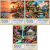 Bits and Pieces 3 Jigsaw Puzzle Set - 500 Piece Puzzles for Adults - Fantasy Landscapes - 18" x 24" Jigsaw Puzzles - Sunset Lighthouse Waterfall