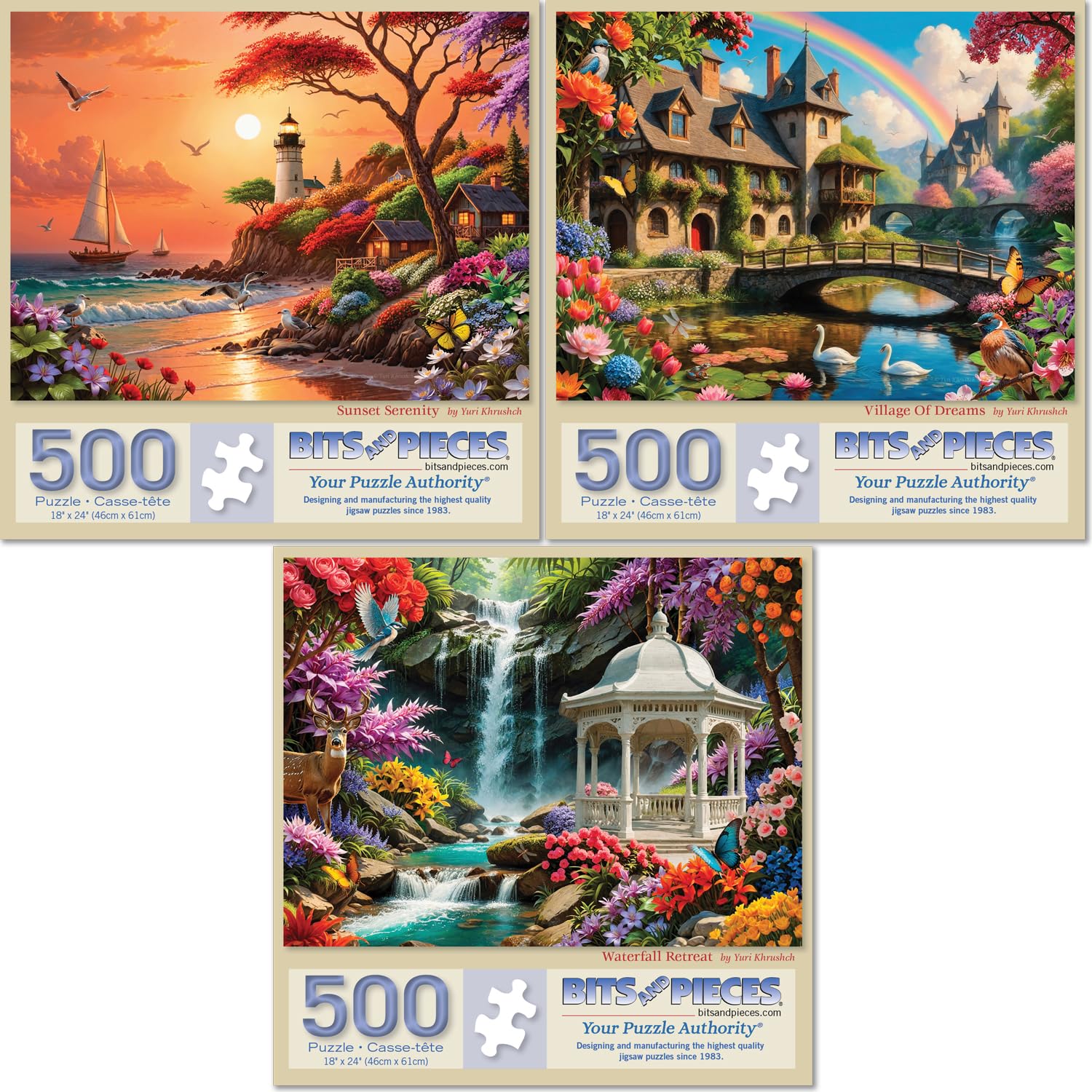 Bits and Pieces 3 Jigsaw Puzzle Set - 500 Piece Puzzles for Adults - Fantasy Landscapes - 18" x 24" Jigsaw Puzzles - Sunset Lighthouse Waterfall