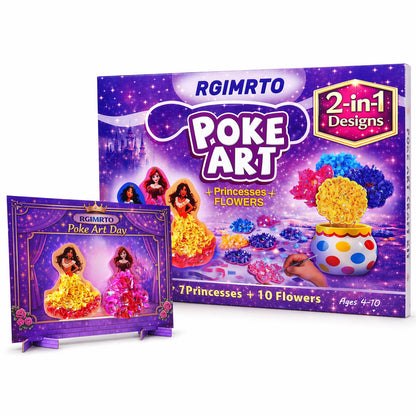 RGIMRTO Poke Art Craft Kit for Kids, 2-in-1 7 Princess +10 Flowers Craft Set with Display Board, Mess Free Craft Activity Birthday Gift for Girls Ages