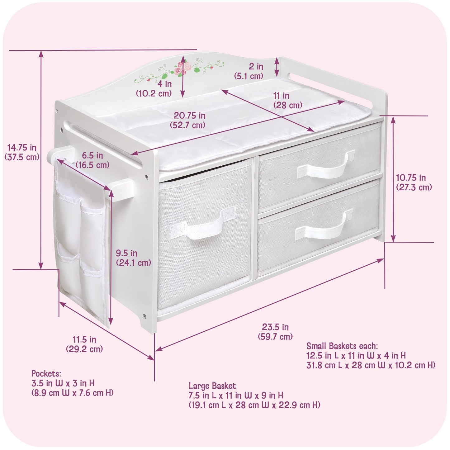 Badger Basket Doll Care Station with Three Baskets and Pocket Organizer for 18 to 20-Inch Dolls - Elegant Playset with Storage and Accessories