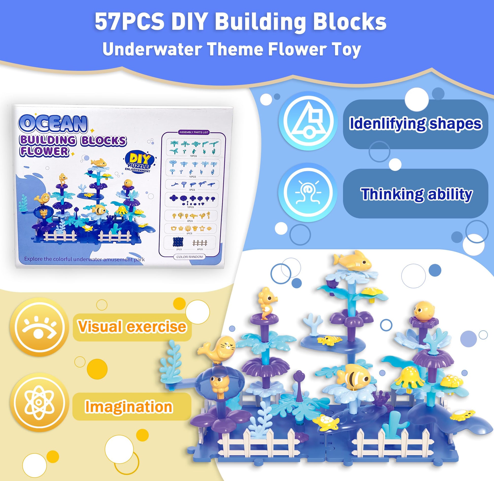 JANZOMM Ocean Building Blocks for Toddlers, 57PCS Stacking Interlocking Toy with Sea Animals & Plants, STEM Educational Kit for Kids Ages 3+