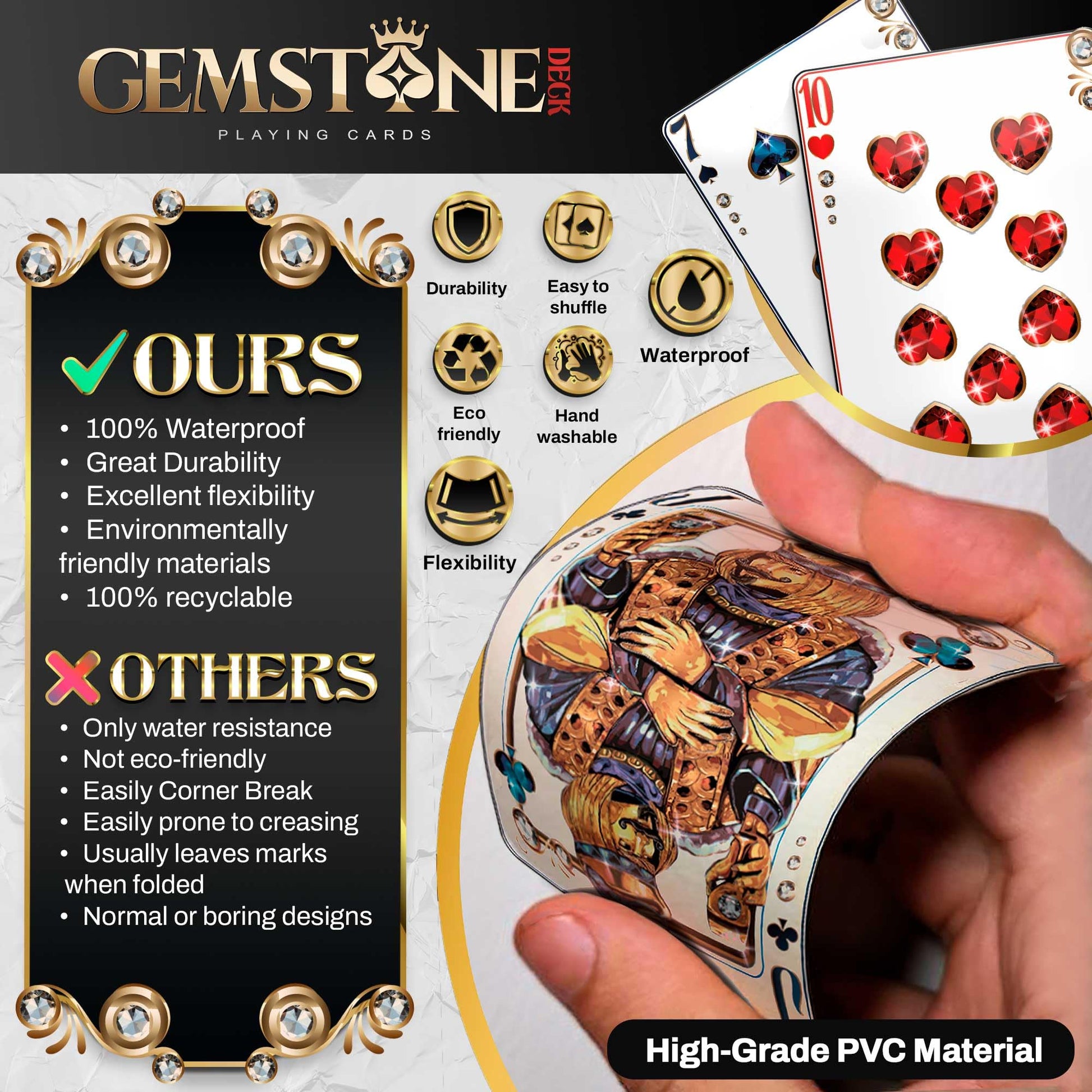 Gemstone Deck Premium Waterproof Playing Cards, 100% Plastic Water Proof for Pool Beach Hot Tub Camping Travel Gift Set with 54 Cards 2 Jokers