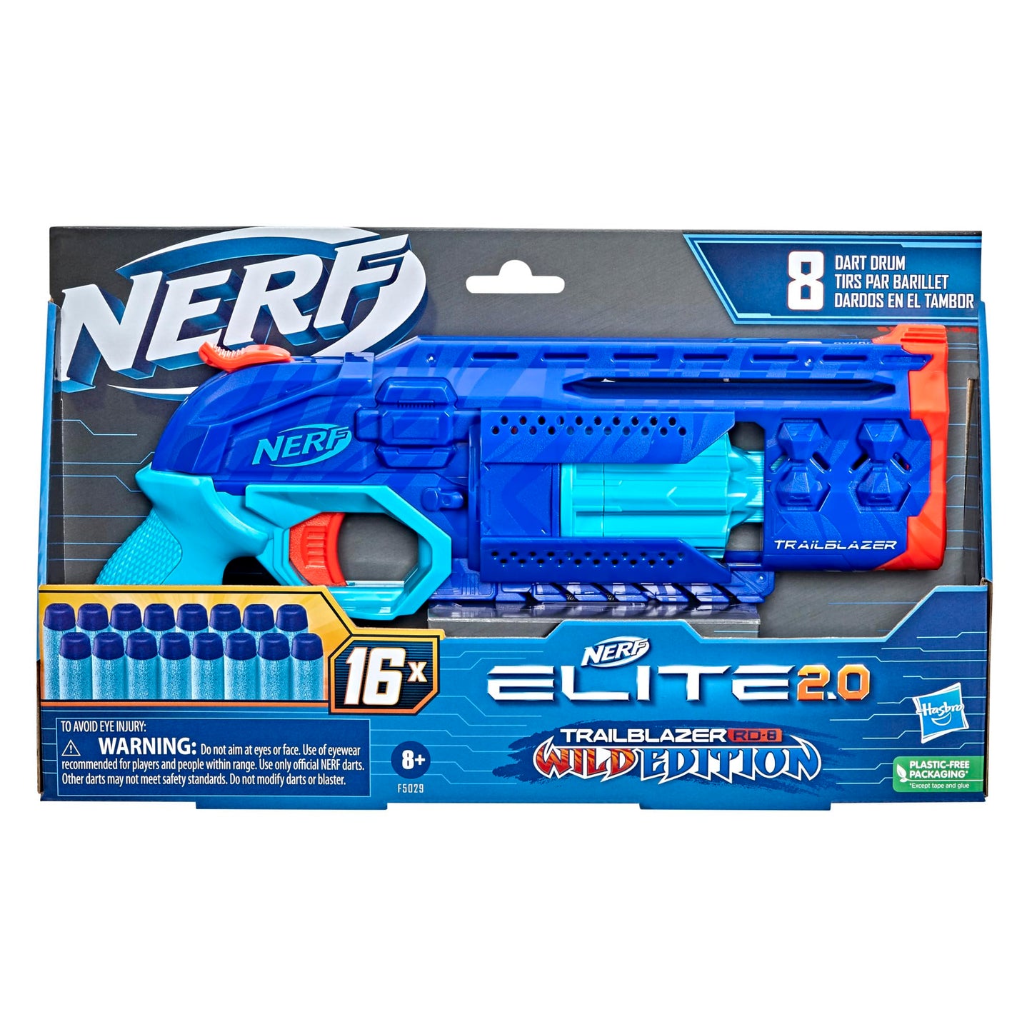 Nerf Elite 2.0 Trailblazer RD-8 Blaster, Wild Edition Color Design, 8-Dart Rotating Drum, Hammer Action, 16 Elite Darts, Tactical Rail (Amazon