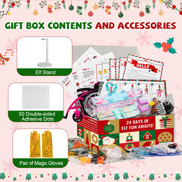 Elf Kit 24 Days of Christmas 2025-include 24 Daily Surprise Scenes & Accessories Elf Mischief Clothes Starter Kit Countdown For Family Christmas