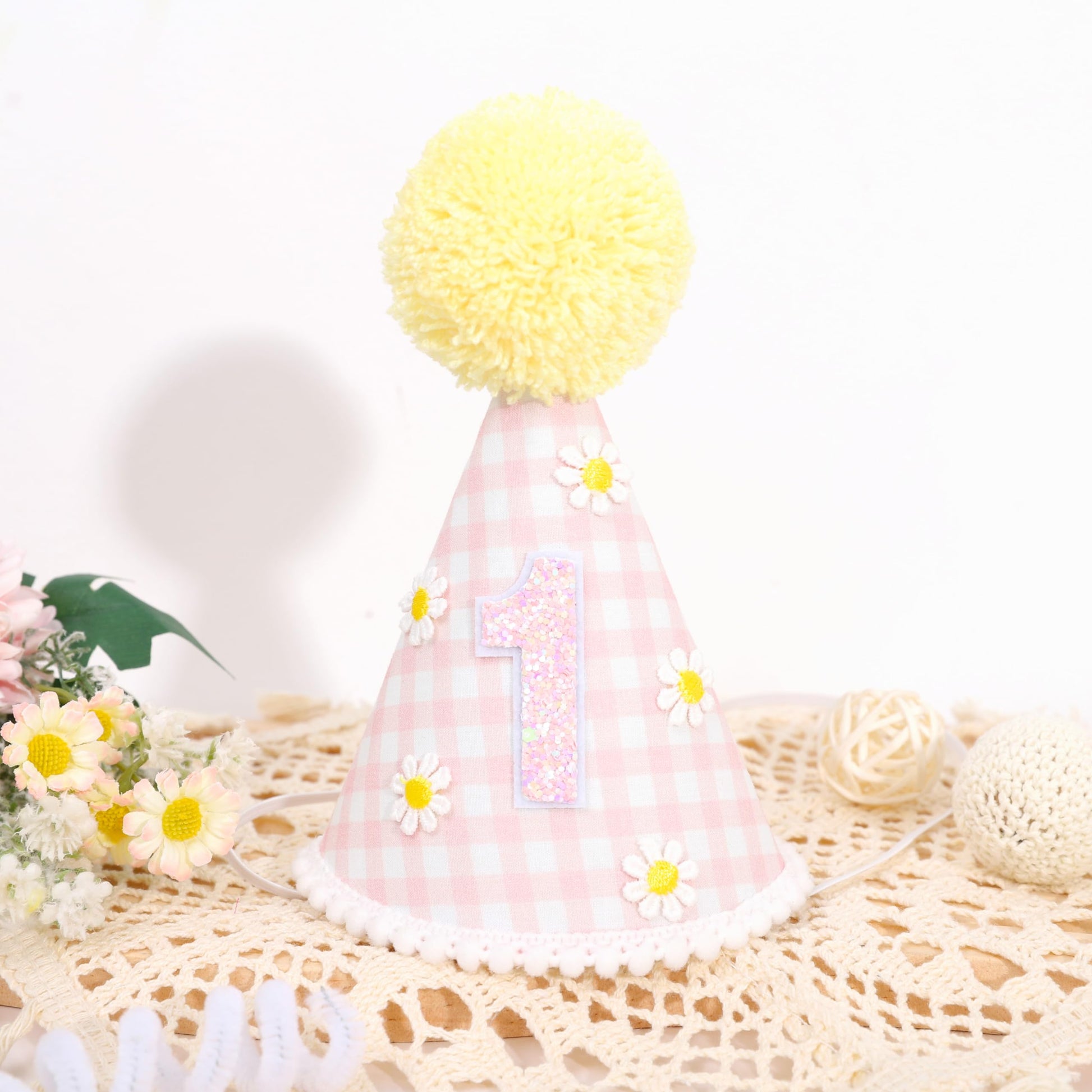 BASCT Daisy 1st Birthday Hat - Daisy First Birthday Decorations, Boho Daisy 1st Birth day Crown, Groovy One Bday Decor, Pink Plaid Groovy Daisy Bday