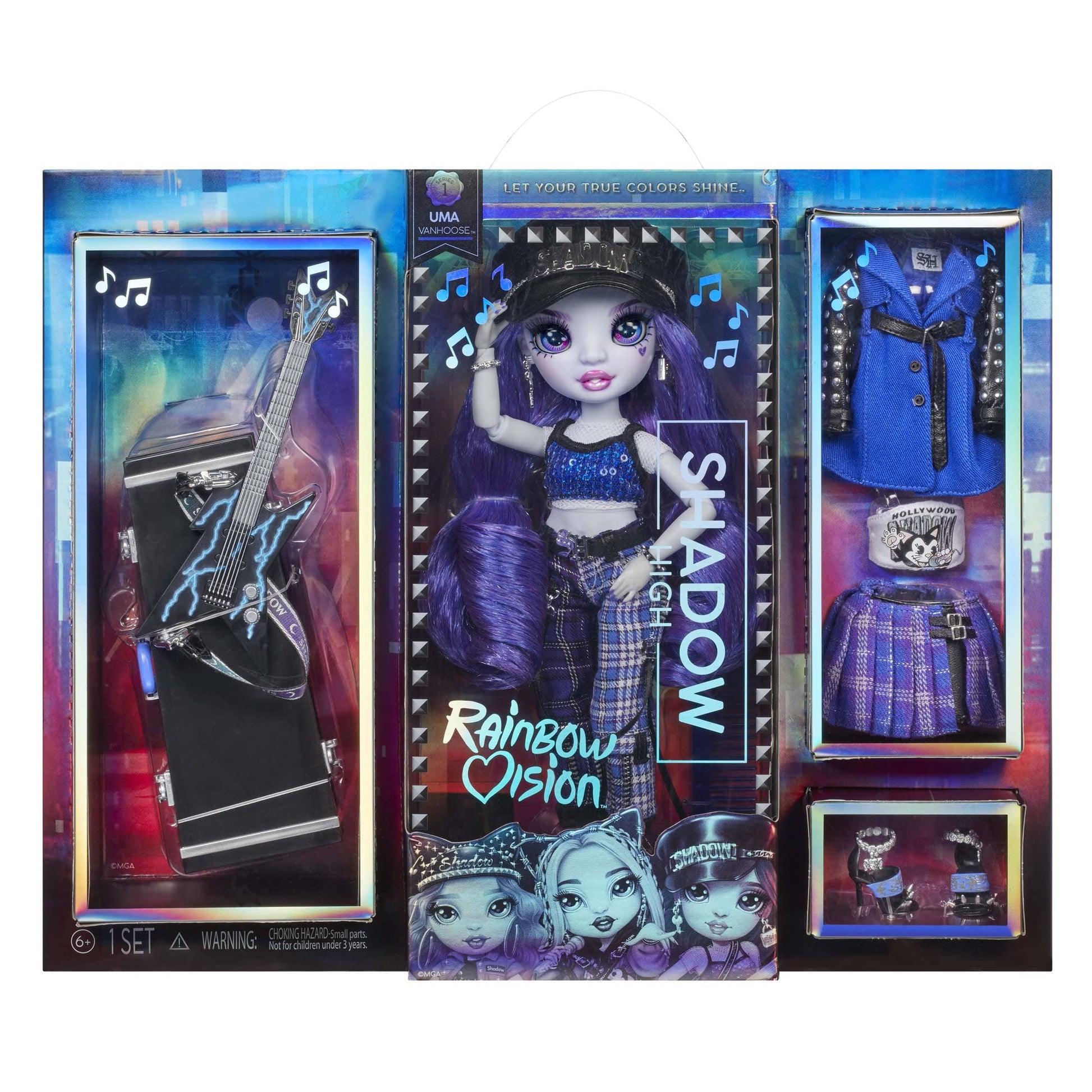 Rainbow High Vision and Neon Shadow-Uma Vanhoose (Neon Blue) Posable Fashion Doll. 2 Designer Outfits to Mix & Match, Rock Band Accessories Playset