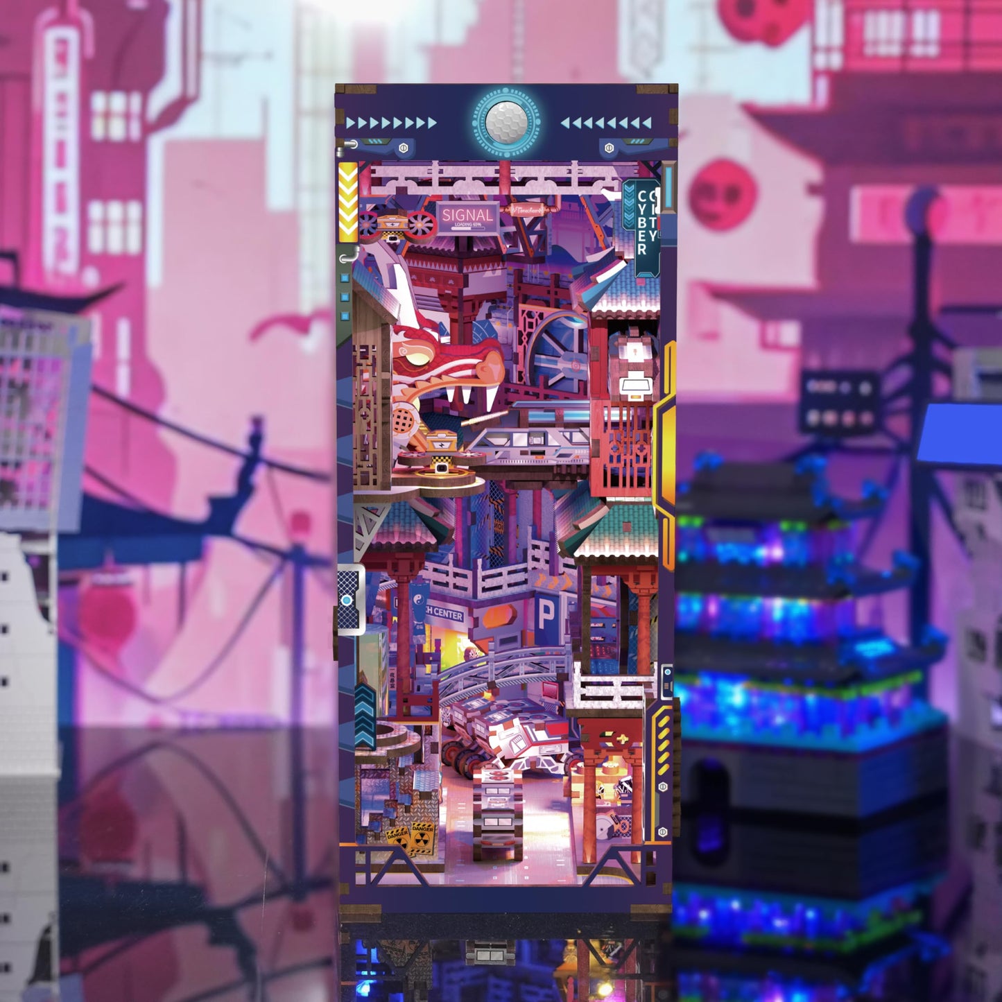 Hands Craft DIY Book Nook Kit - Cyber City Miniature Puzzle - Neon-Lit Cyberpunk Decor with Oriental Elements, Precision-Cut Wooden Pieces & LED