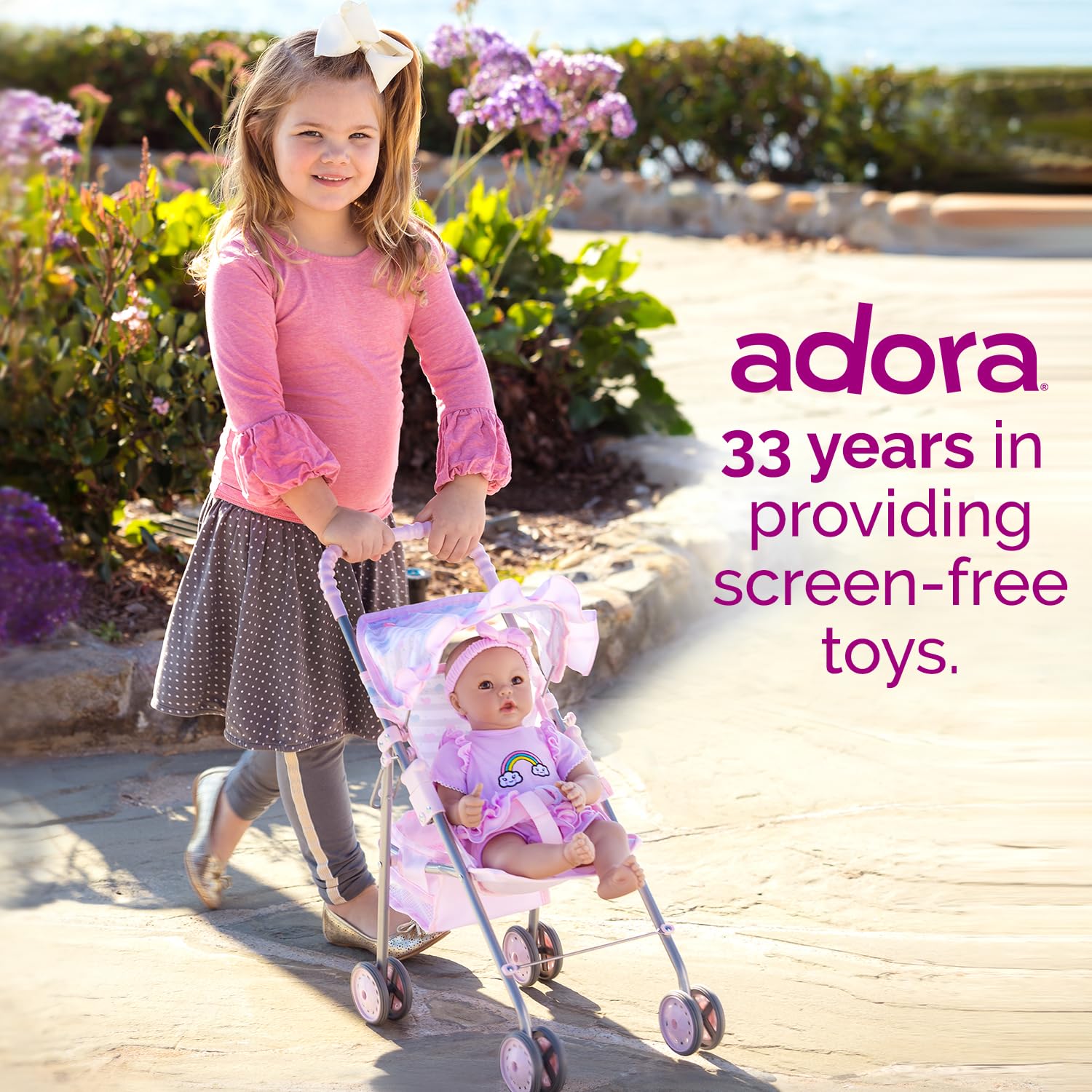 Adora Baby Doll Stroller with Umbrella Shade & Ruffle Trim, Adjustable Sun Cover and Doll Accessory Storage, Birthday Gift for Ages 3+ - Pastel Pink