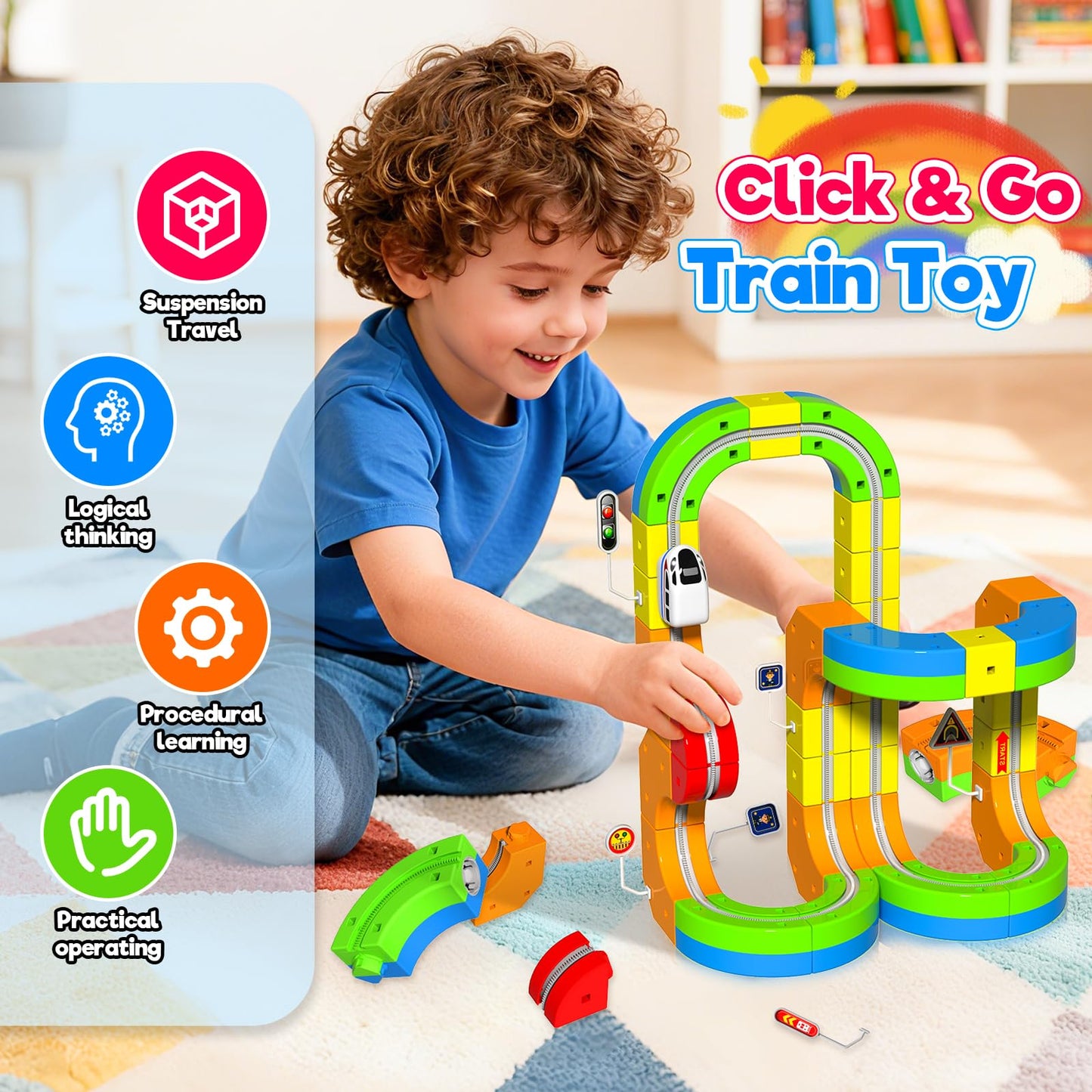Goody King Electric Train Set for Kids, 69Pcs 3D Stem Electric Train Set with Traffic Signs, STEM Car Toy Set for Kids, 3 4 5 6 7 8 Years Old Boys