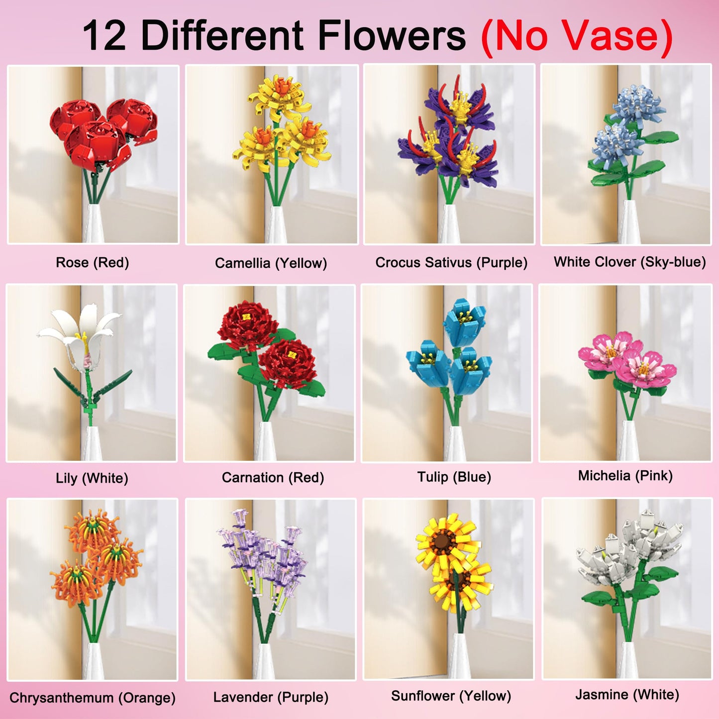 EMANNON Flowers Bouquet Building Set, 12 Artificial Flowers 1064 PCS Bricks Blocks Toy for Adults, Botanical Collection Gift for Mother's Day