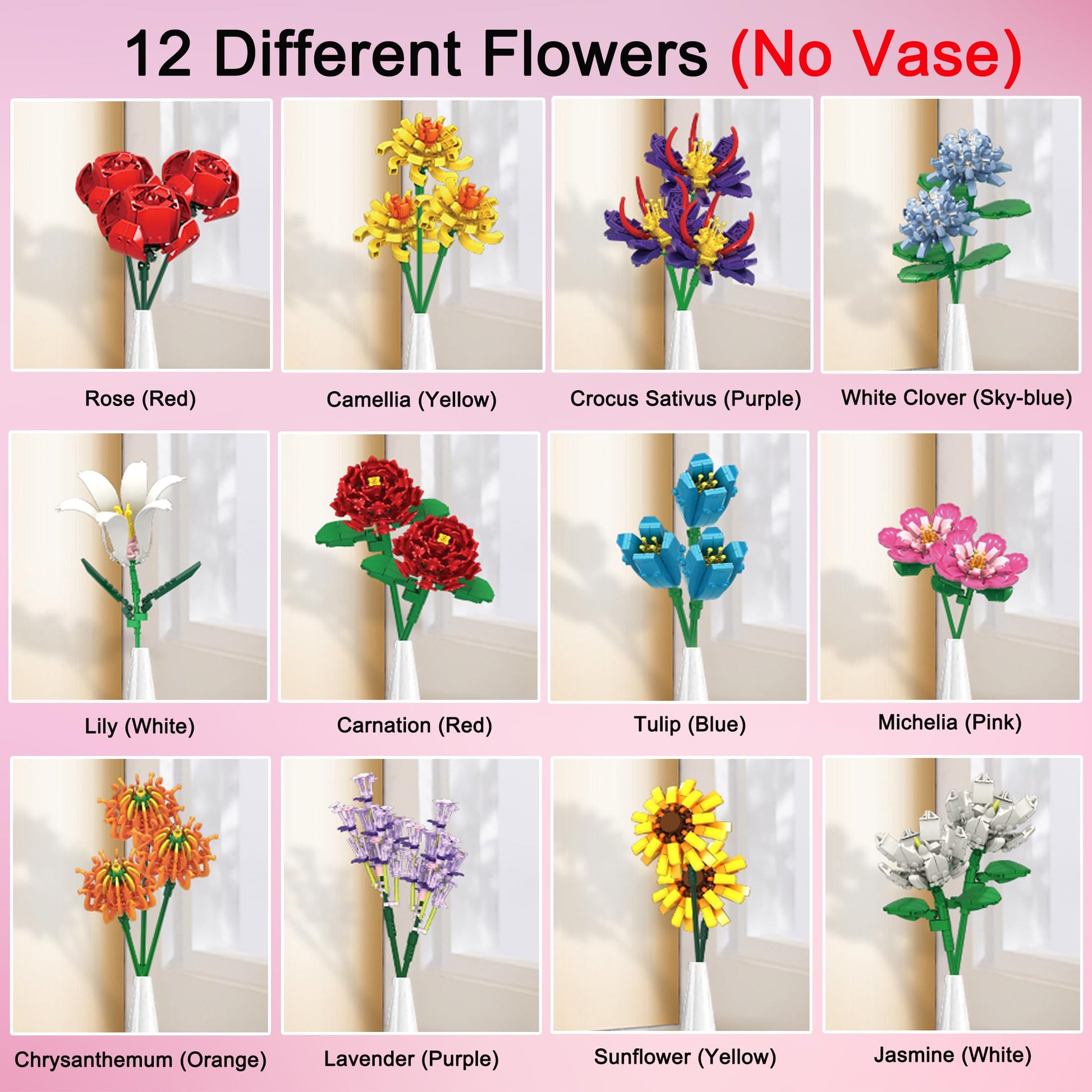 EMANNON Flowers Bouquet Building Set, 12 Artificial Flowers 1064 PCS Bricks Blocks Toy for Adults, Botanical Collection Gift for Mother's Day