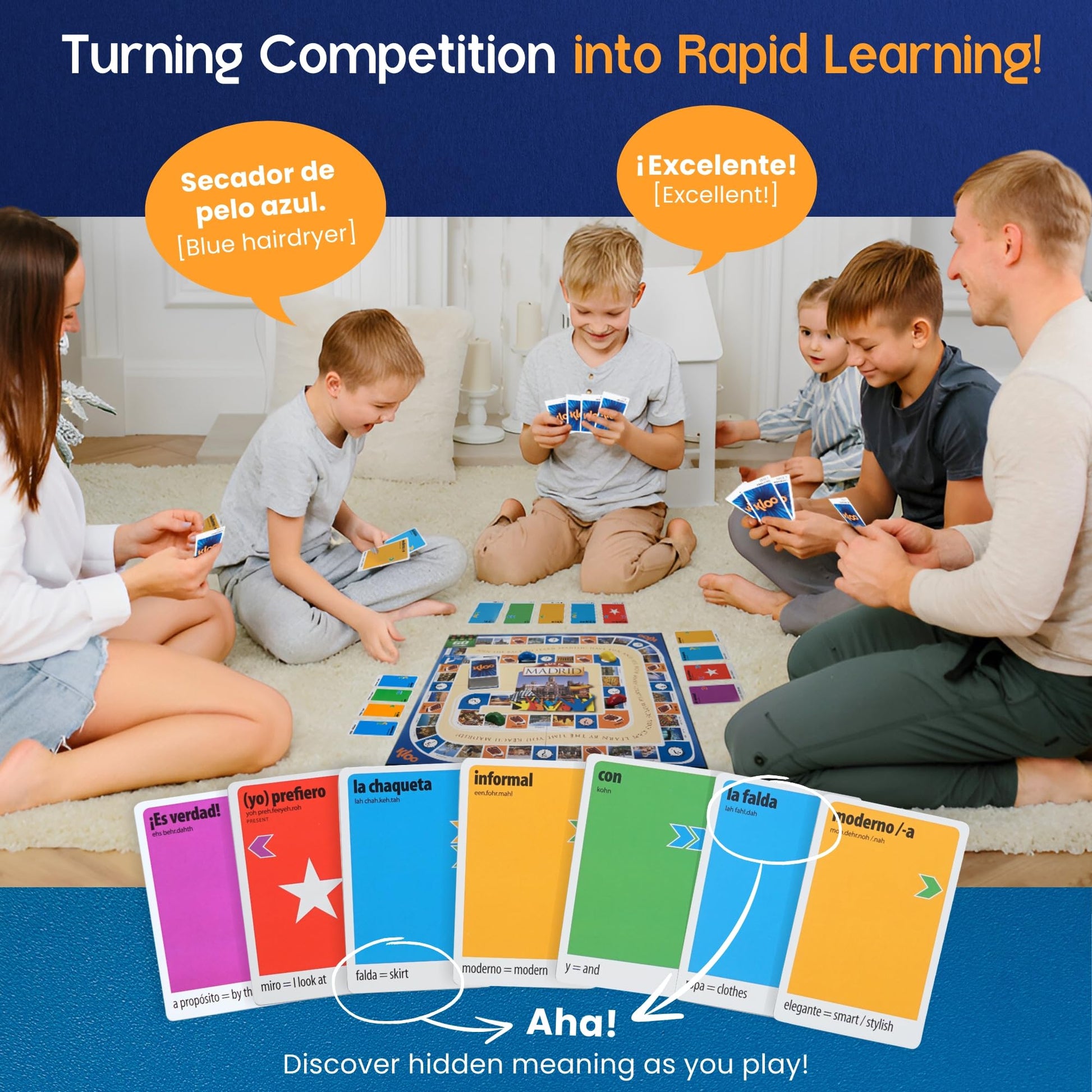 Spanish Board Game - Race to Madrid | Easy to Learn Words, Grammar, Verbs | Fun for Adults, Kids, Beginners, Classroom | 4 Decks Dynamic Flash Cards