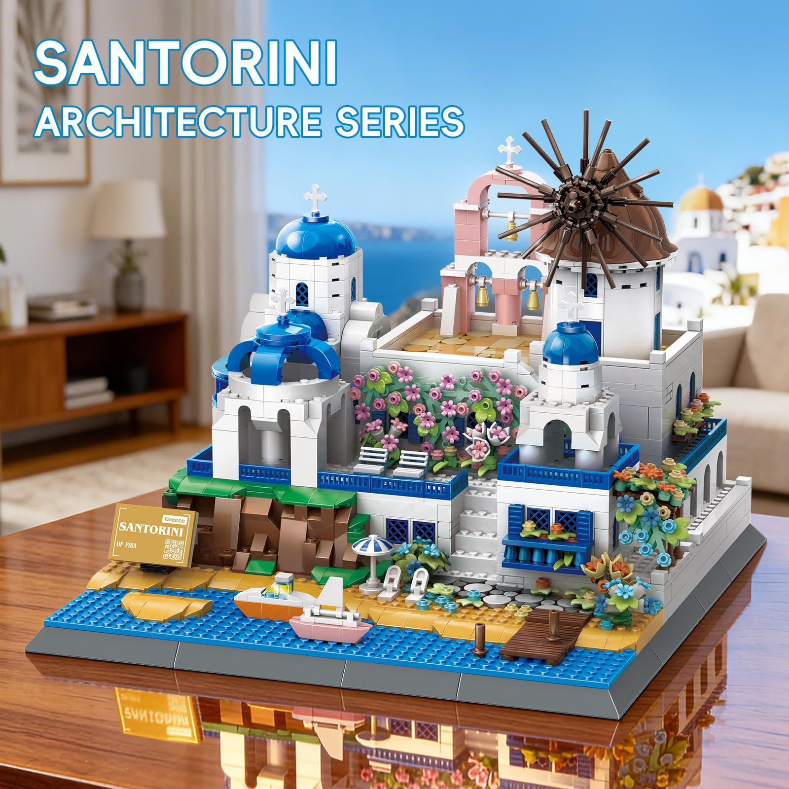 GHQYTPR Santorini Building Block Set 1372 Pcs Greece Aegean Sea Architecture Model Kit for Adults & Teens Romantic Island Skyline Construction Project
