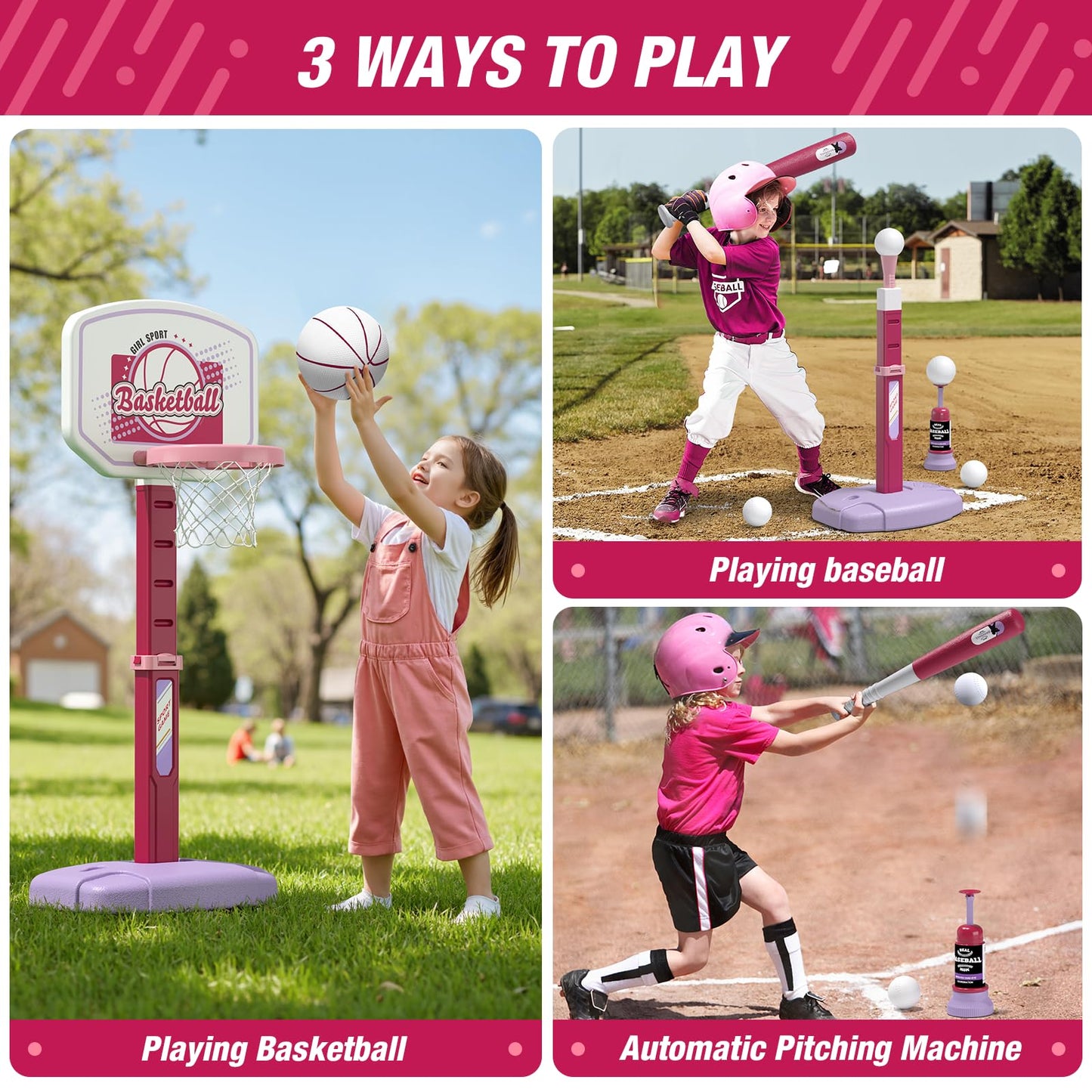 HYES 2 in 1 Kid Basketball Hoop and T Ball Set, Pink