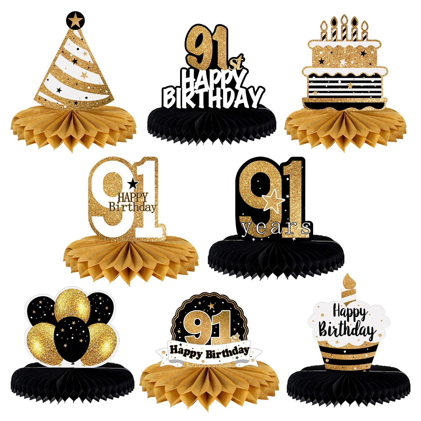 LINGTEER Happy 91st Birthday Table Honeycomb Centerpieces Cheers to 91st Birthday 91 Years Old Party Table Decorations Gift Sign.