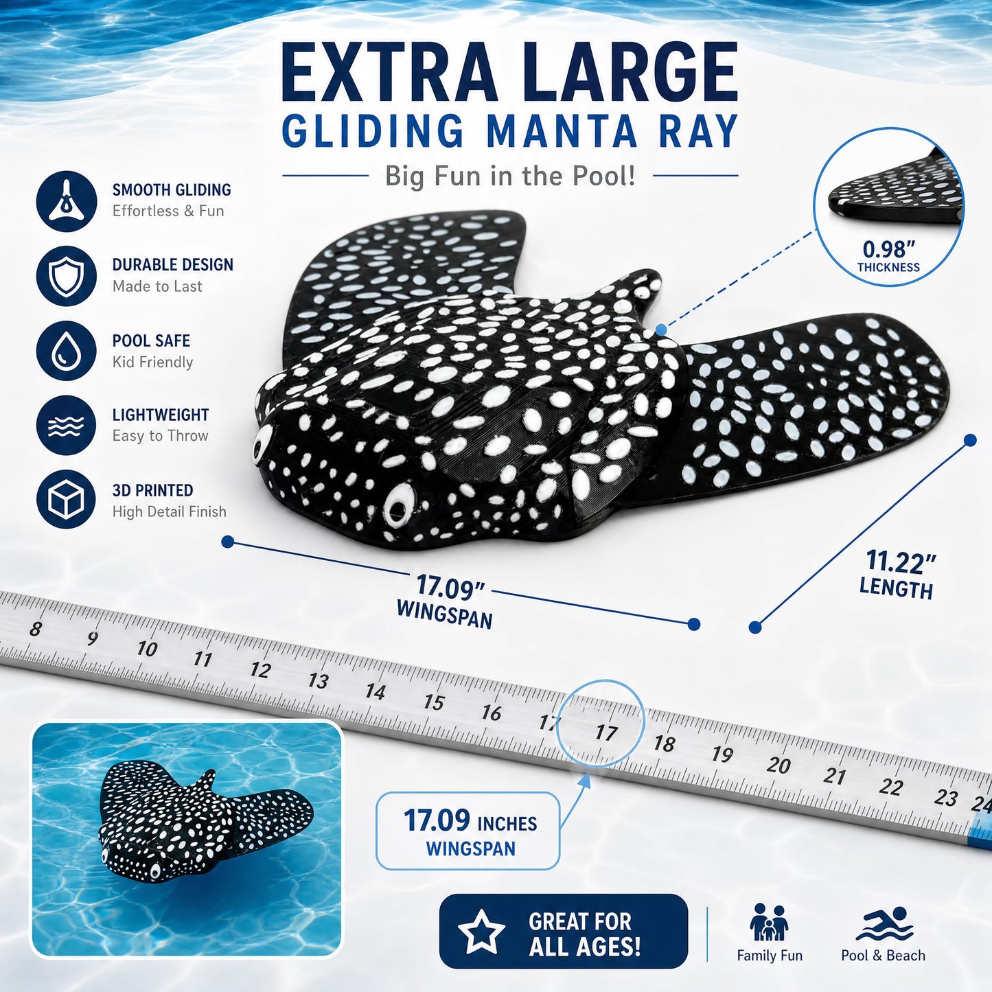 FKSWSQY 3D Printed Gliding Manta Ray Pool Toy, Self Swimming Water Toy