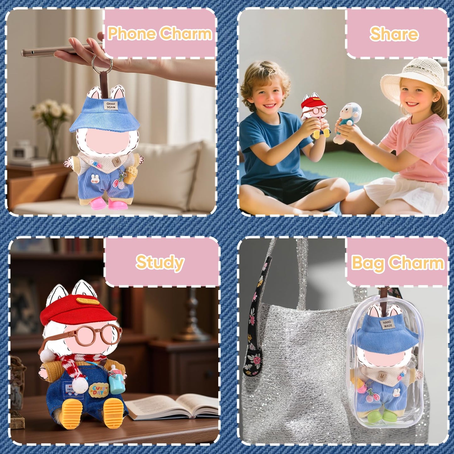 Mini Doll Clothes Accessories Set for 17cm Blind Box Figures, 4 Pairs Shoes 2 Pairs Glasses 2 Hats 4 Pendants 1 Hanger 1 Dust Bag, Fits Labubu