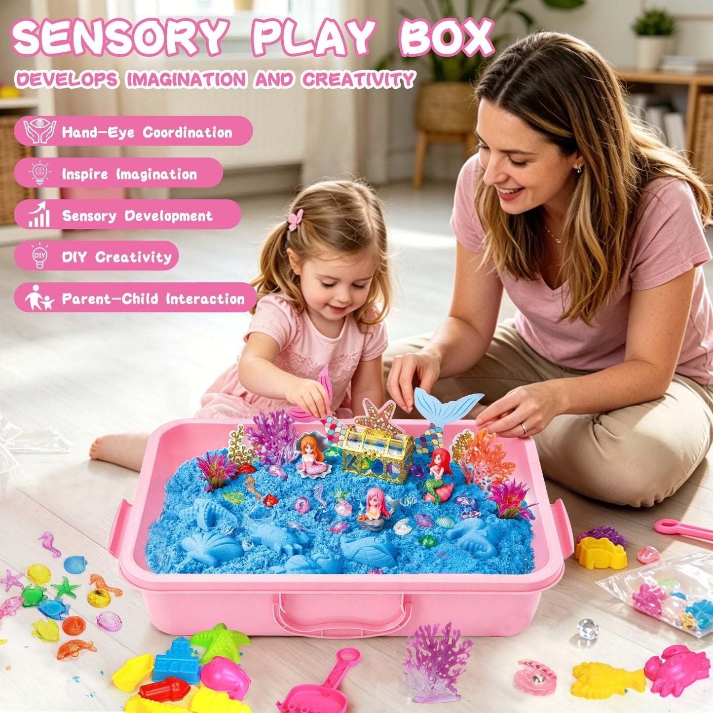 Pakimio Mermaid Sensory Sand Kit for Kids, Complete Sensory Bin with Lid