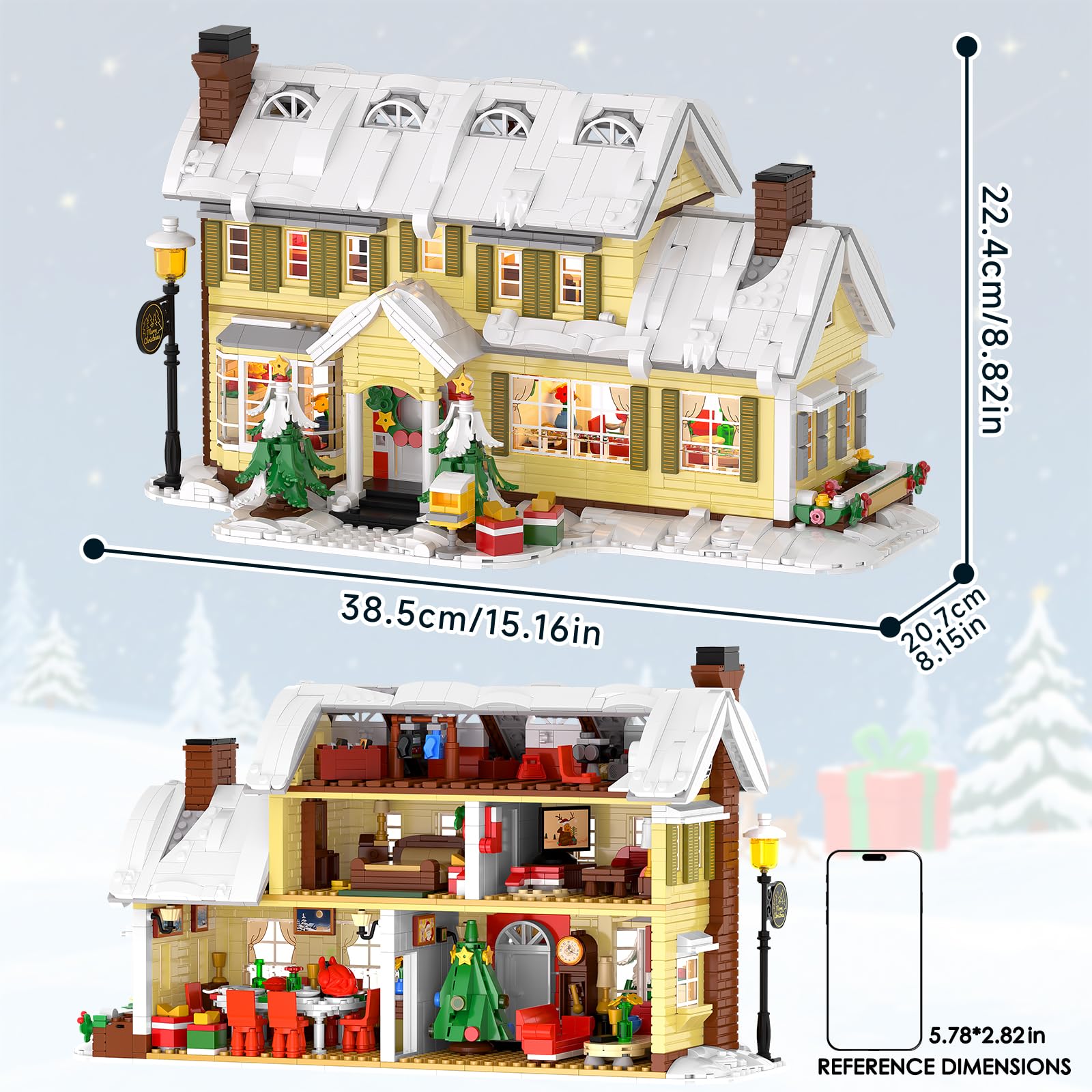 Premium Christmas Holiday House Building Set with LED Light, 2046 PCS DIY Christmas Vacation Snow Village Kit, Collectible Decor for Adults & Family