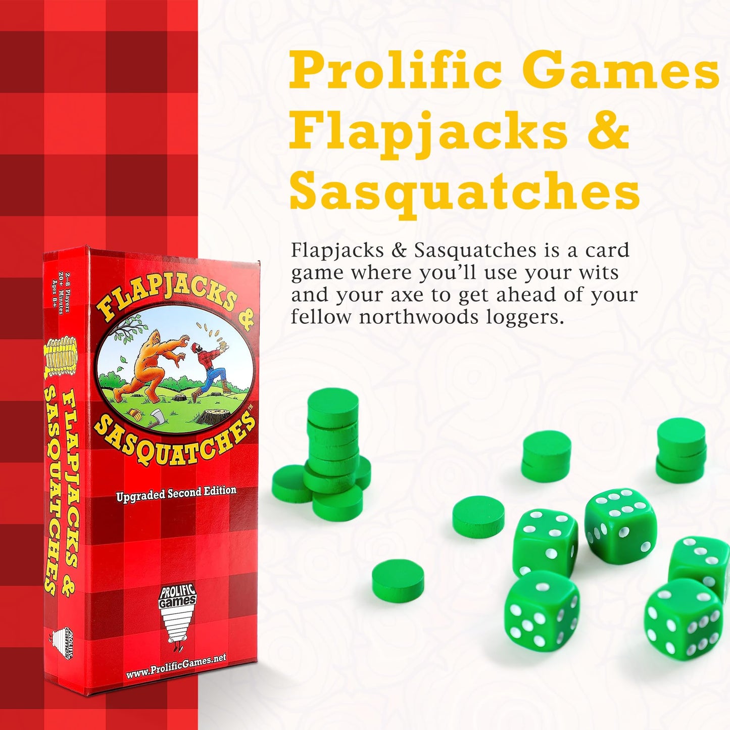 Prolific Games Flapjacks & Sasquatches - Upgraded 2nd Edition, Family Card & Dice Game for 2-8 Players, 20-Minute Rounds, Fun for Kids & Adults