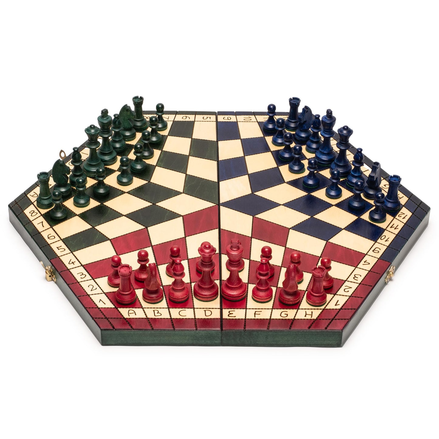 Husaria Wooden Three-Player Chess Set - 21" Foldable Hexagonal Board with Hand-Carved Tri-Color Pieces & Felt Storage - Made in Poland